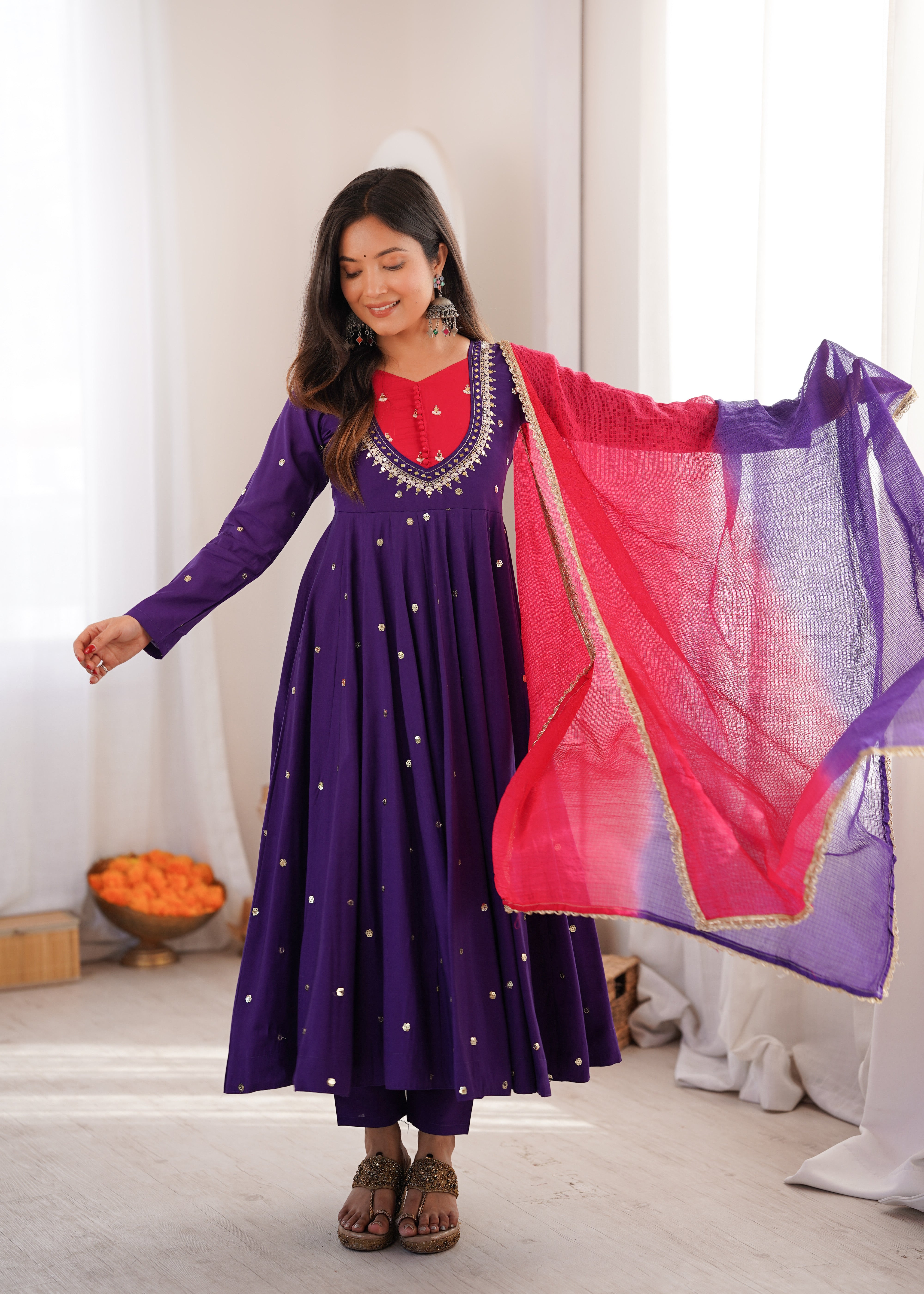 Royal Purple Roman Silk Embroidered Anarkali Suit Set with Dual Tone Dupatta