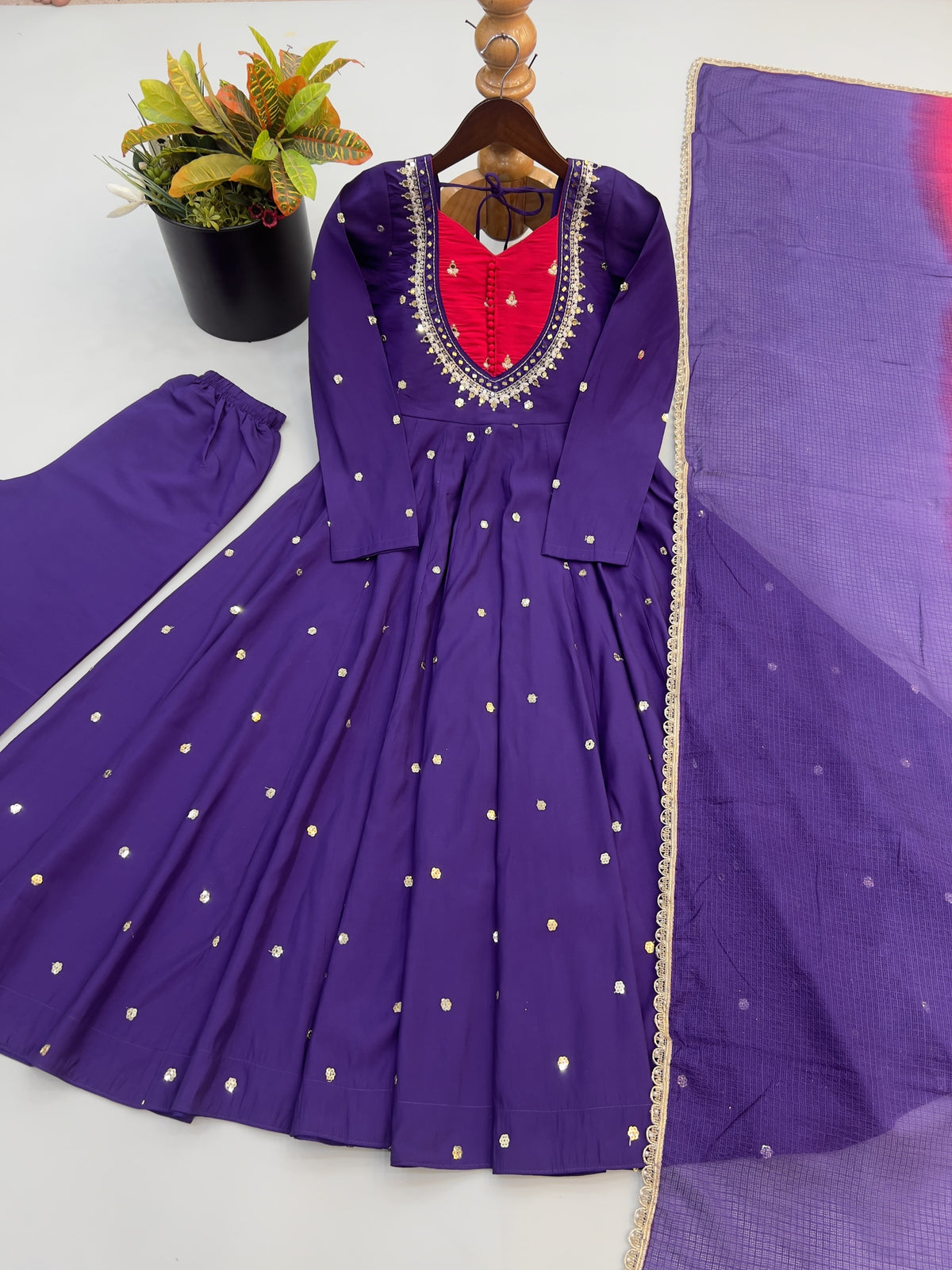 Royal Purple Roman Silk Embroidered Anarkali Suit Set with Dual Tone Dupatta