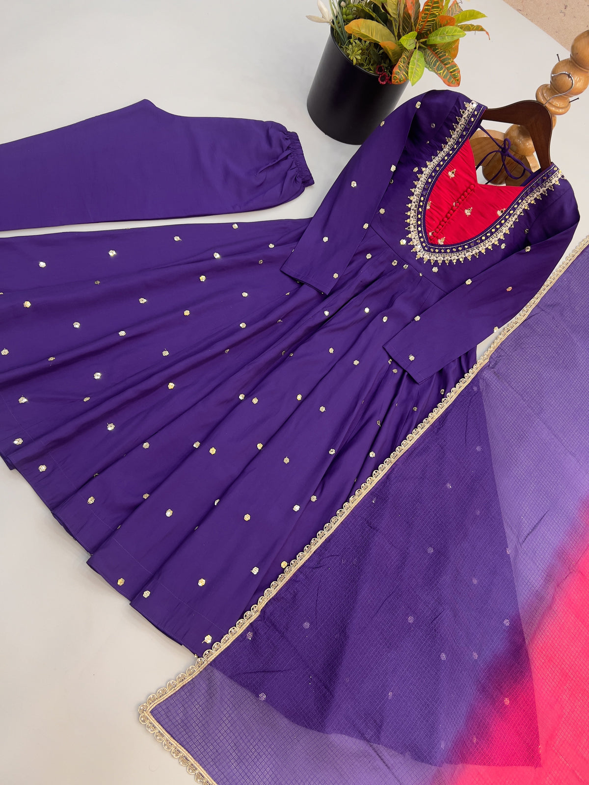 Royal Purple Roman Silk Embroidered Anarkali Suit Set with Dual Tone Dupatta