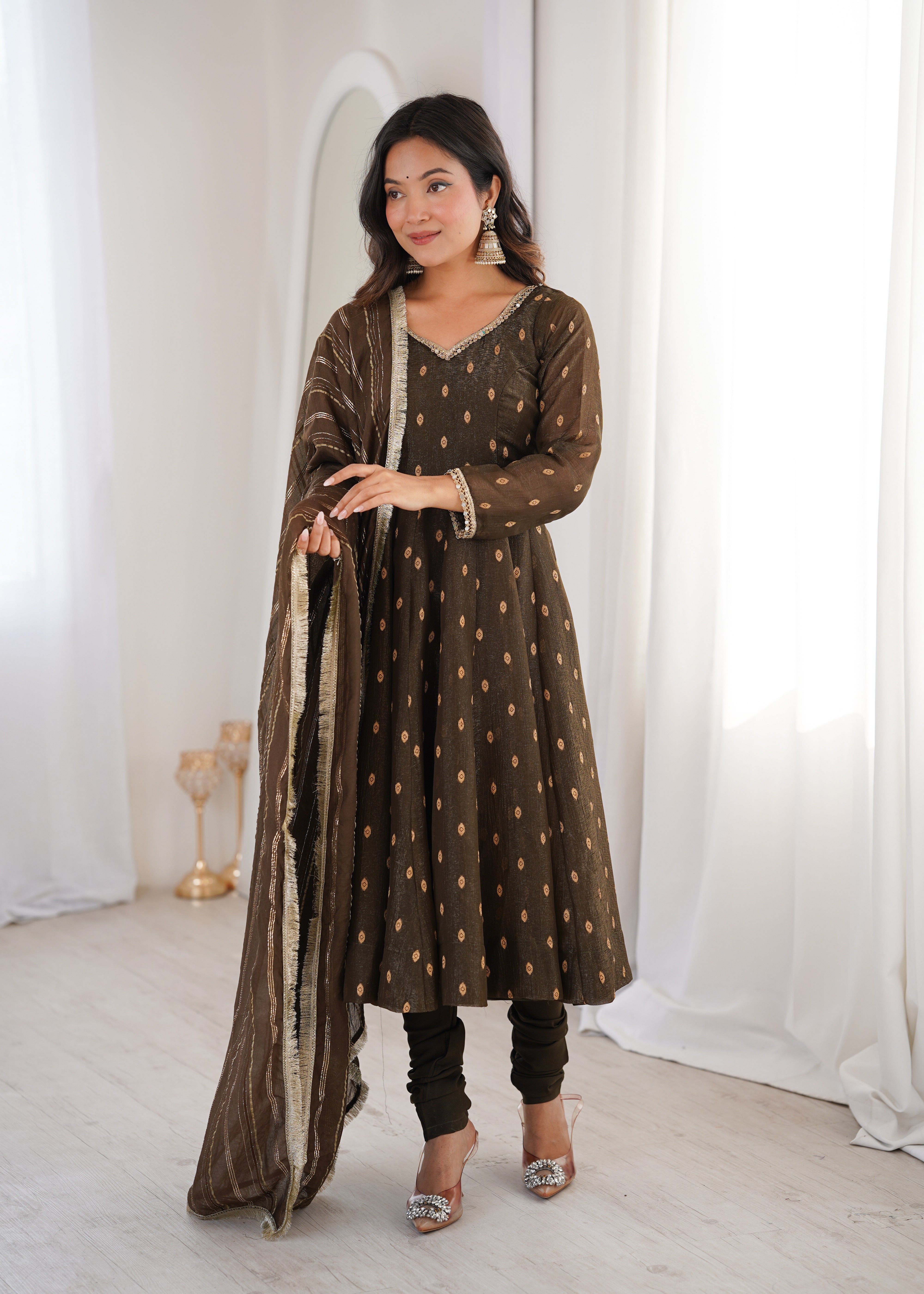 Walnut Brown Anarkali Three Piece Set in Heavy Crunchy Silk for Women | Nardev Fashion