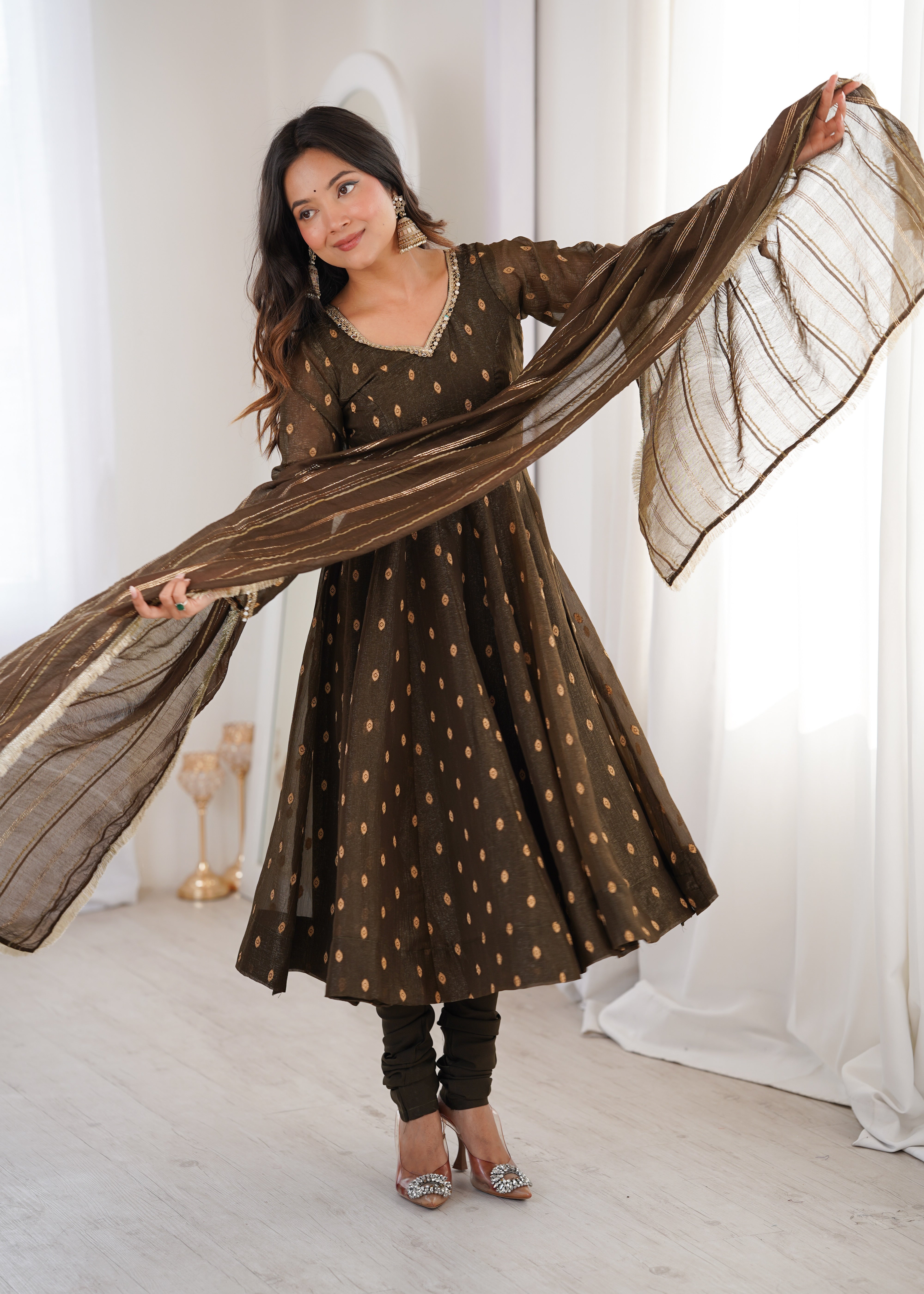 Walnut Brown Anarkali Three Piece Set in Heavy Crunchy Silk for Women | Nardev Fashion