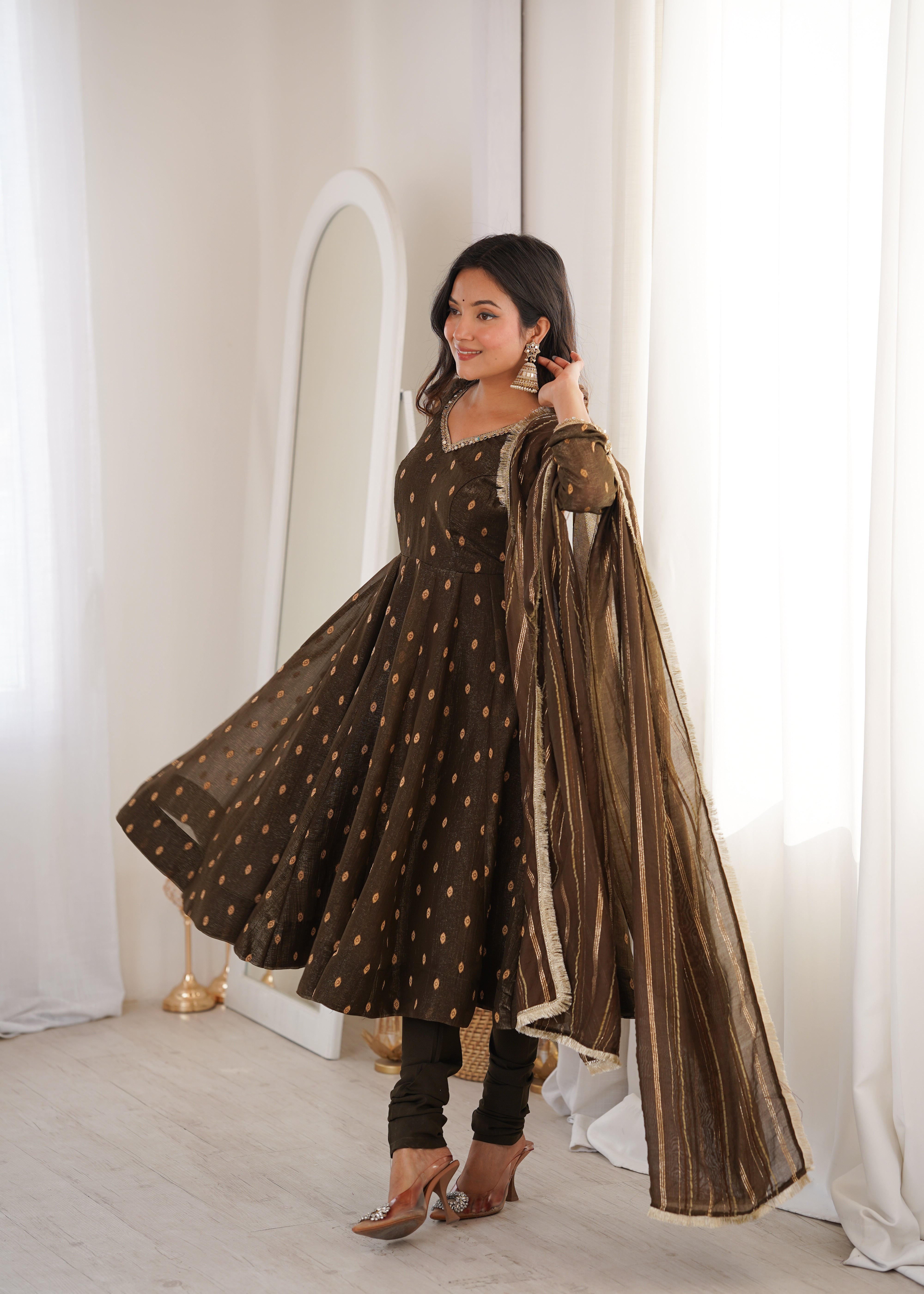 Walnut Brown Anarkali Three Piece Set in Heavy Crunchy Silk for Women | Nardev Fashion