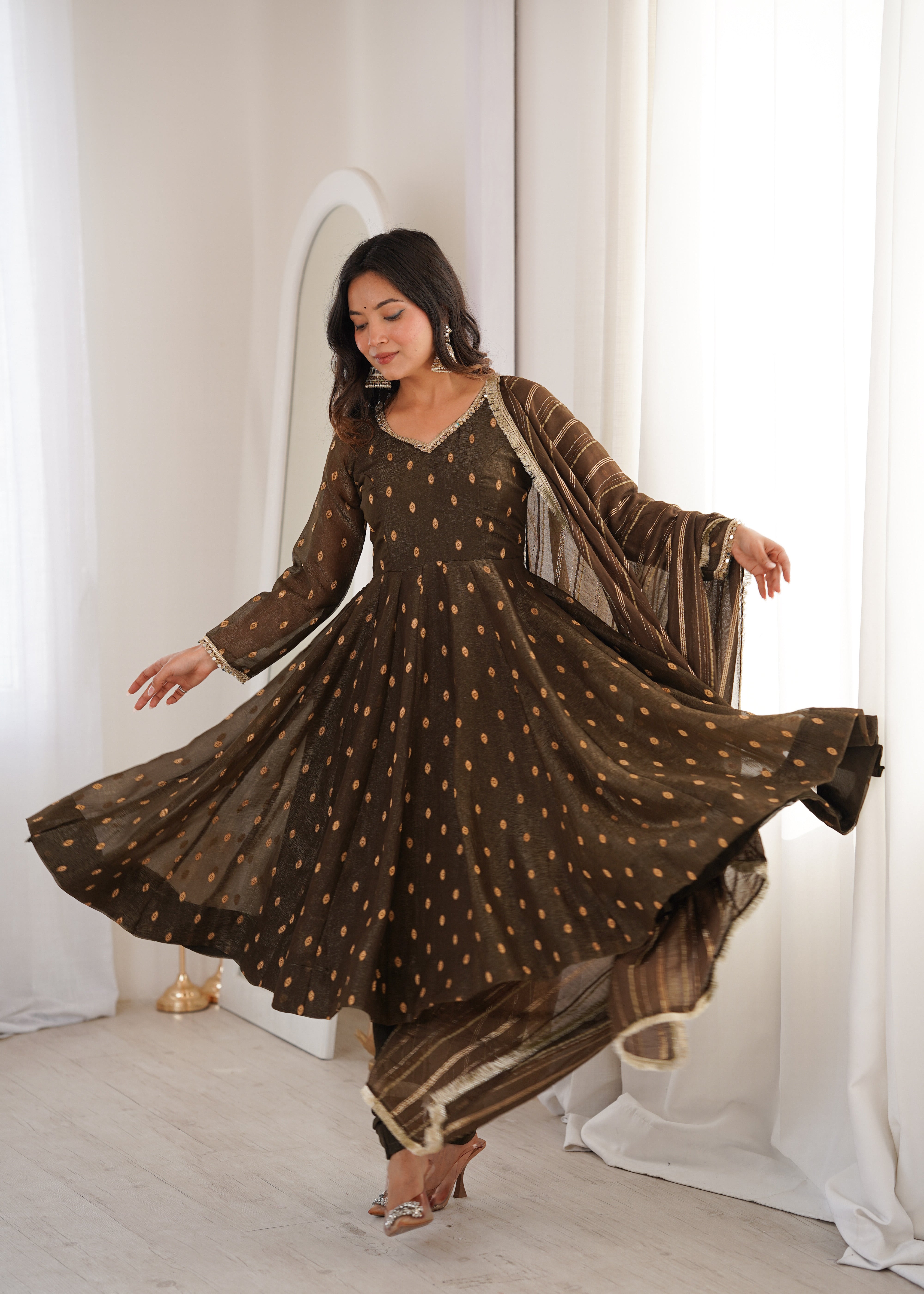 Walnut Brown Anarkali Three Piece Set in Heavy Crunchy Silk for Women | Nardev Fashion