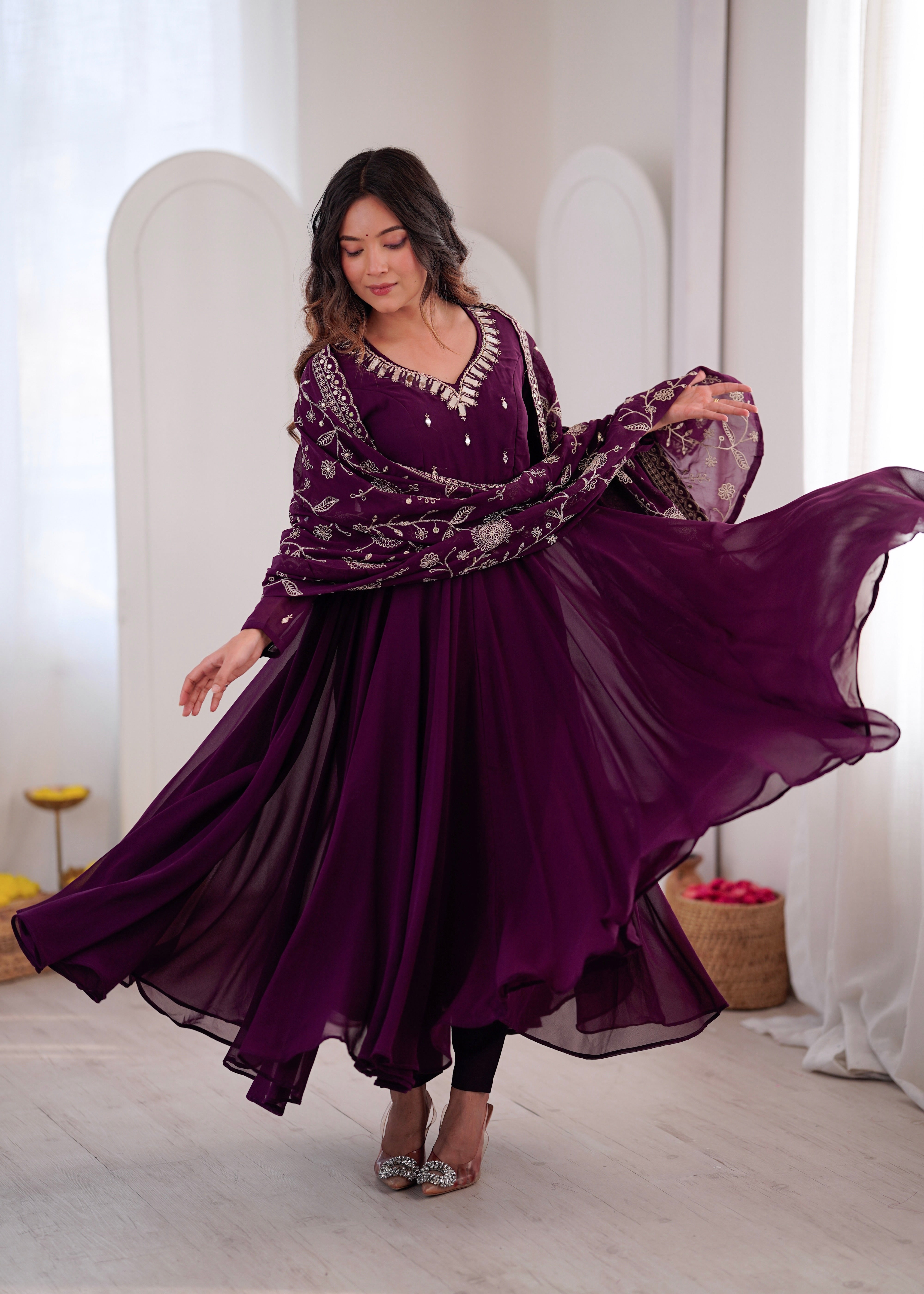 Royal Plum Faux Georgette Anarkali Suit Set with Khatli Mirror Work & Embroidered Dupatta