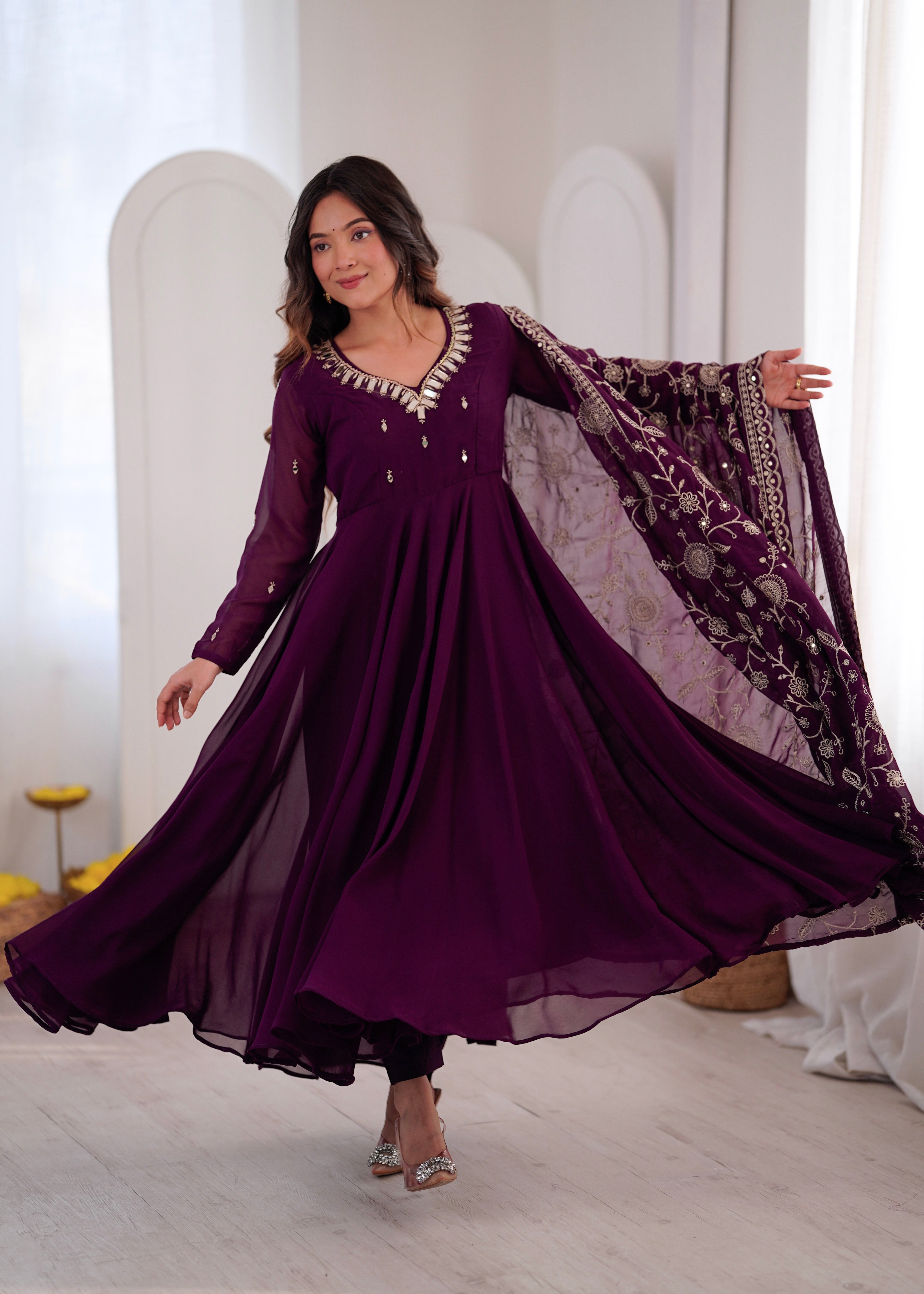 Royal Plum Faux Georgette Anarkali Suit Set with Khatli Mirror Work & Embroidered Dupatta