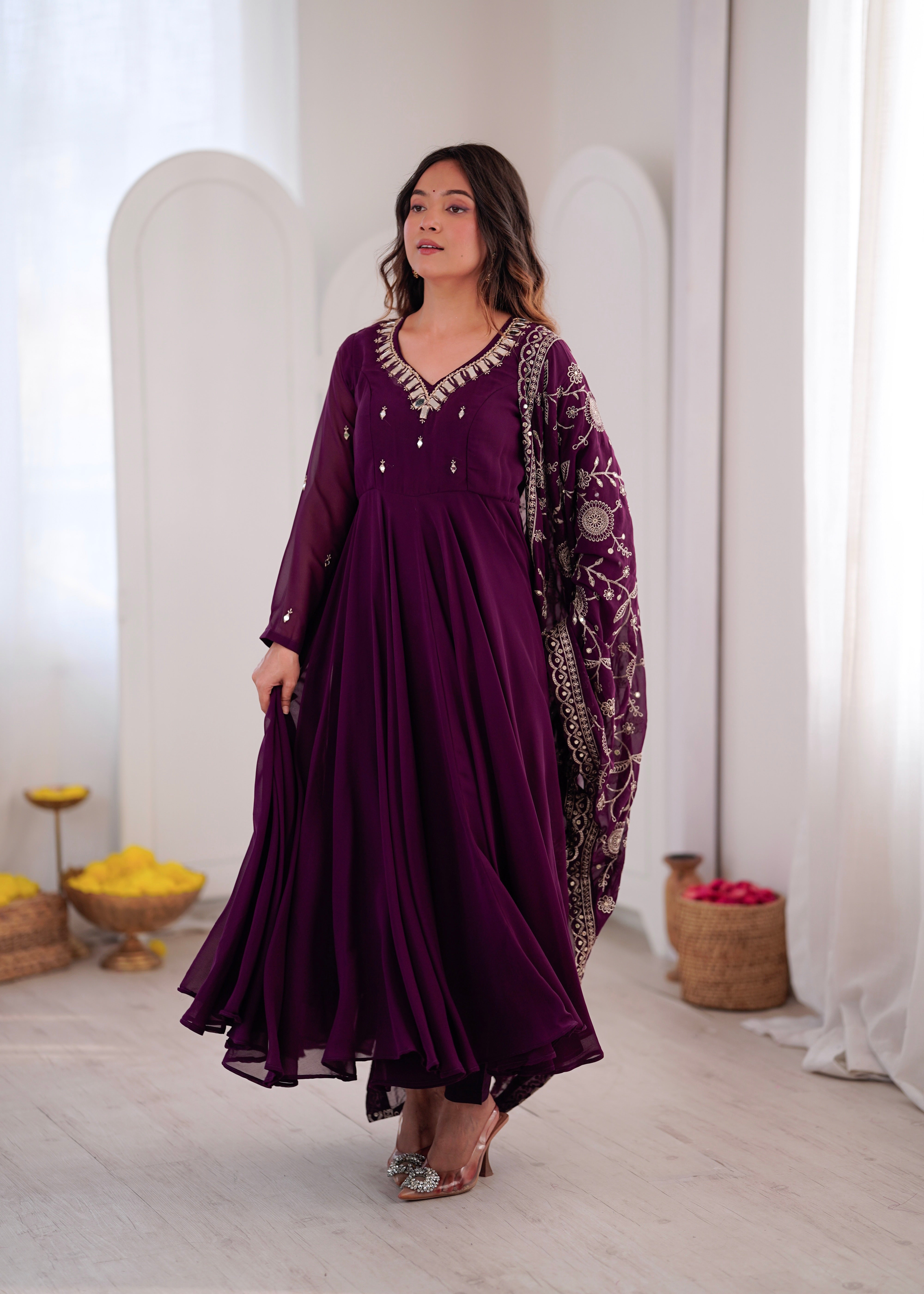 Royal Plum Faux Georgette Anarkali Suit Set with Khatli Mirror Work & Embroidered Dupatta