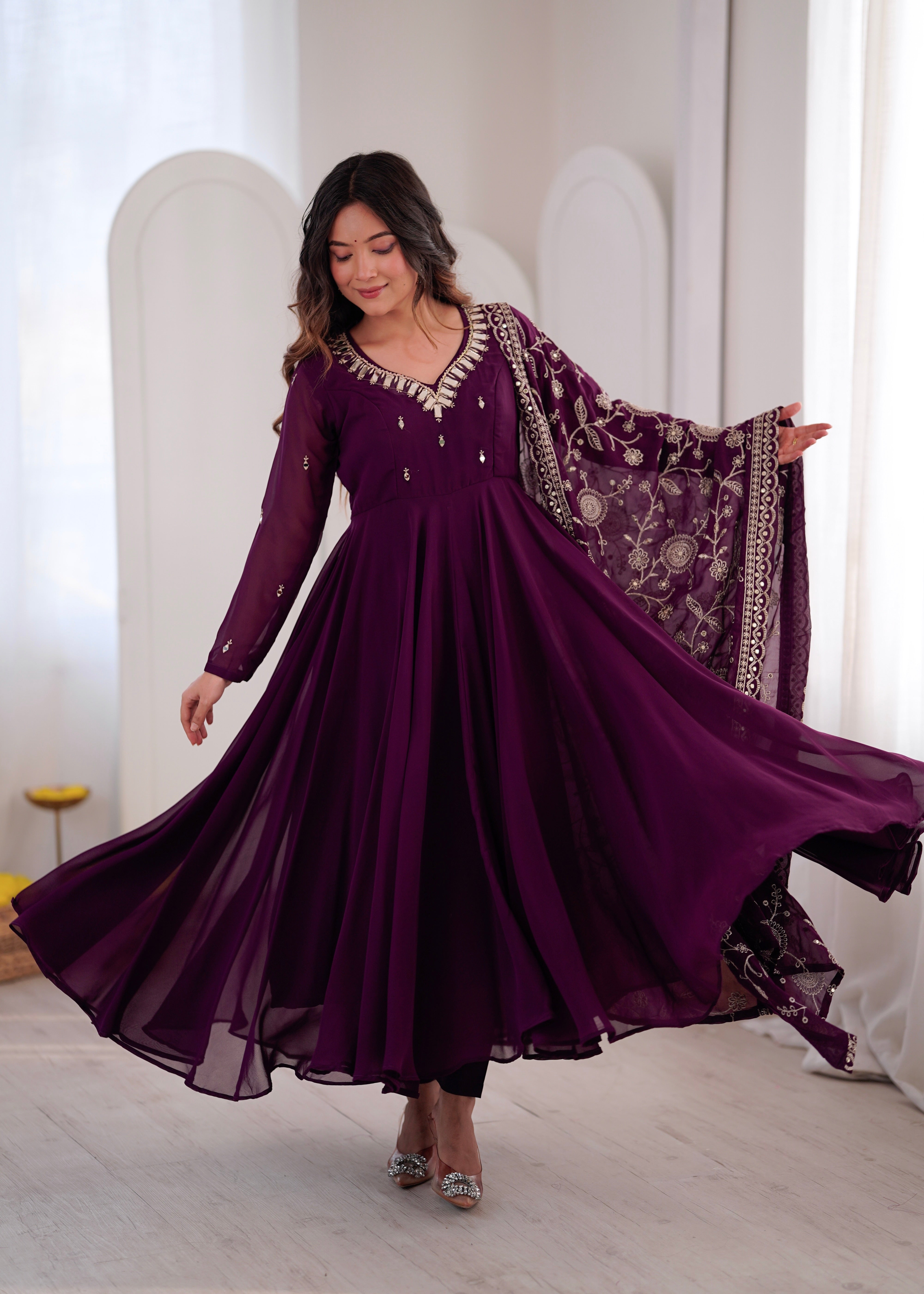 Royal Plum Faux Georgette Anarkali Suit Set with Khatli Mirror Work & Embroidered Dupatta