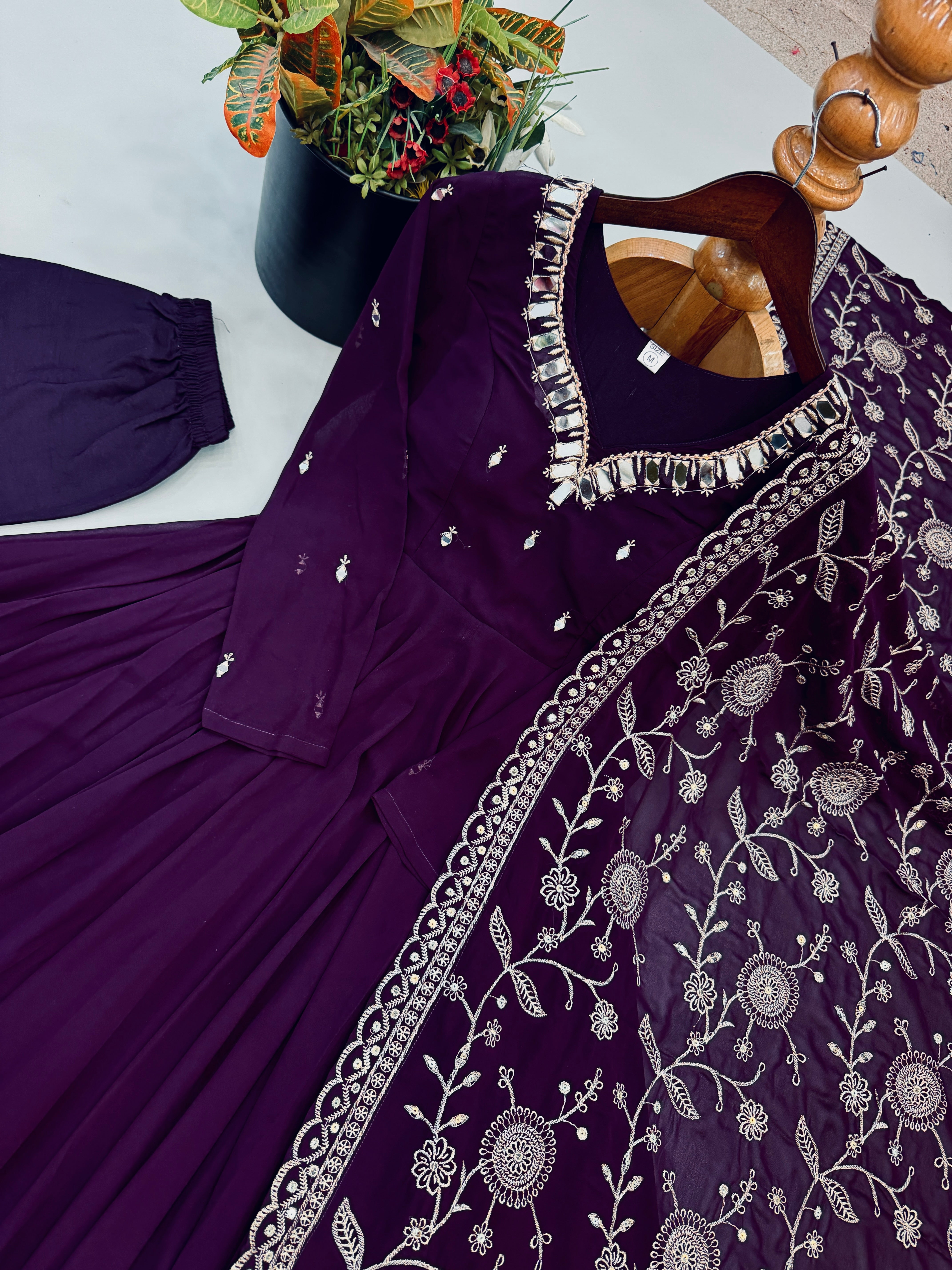 Royal Plum Faux Georgette Anarkali Suit Set with Khatli Mirror Work & Embroidered Dupatta