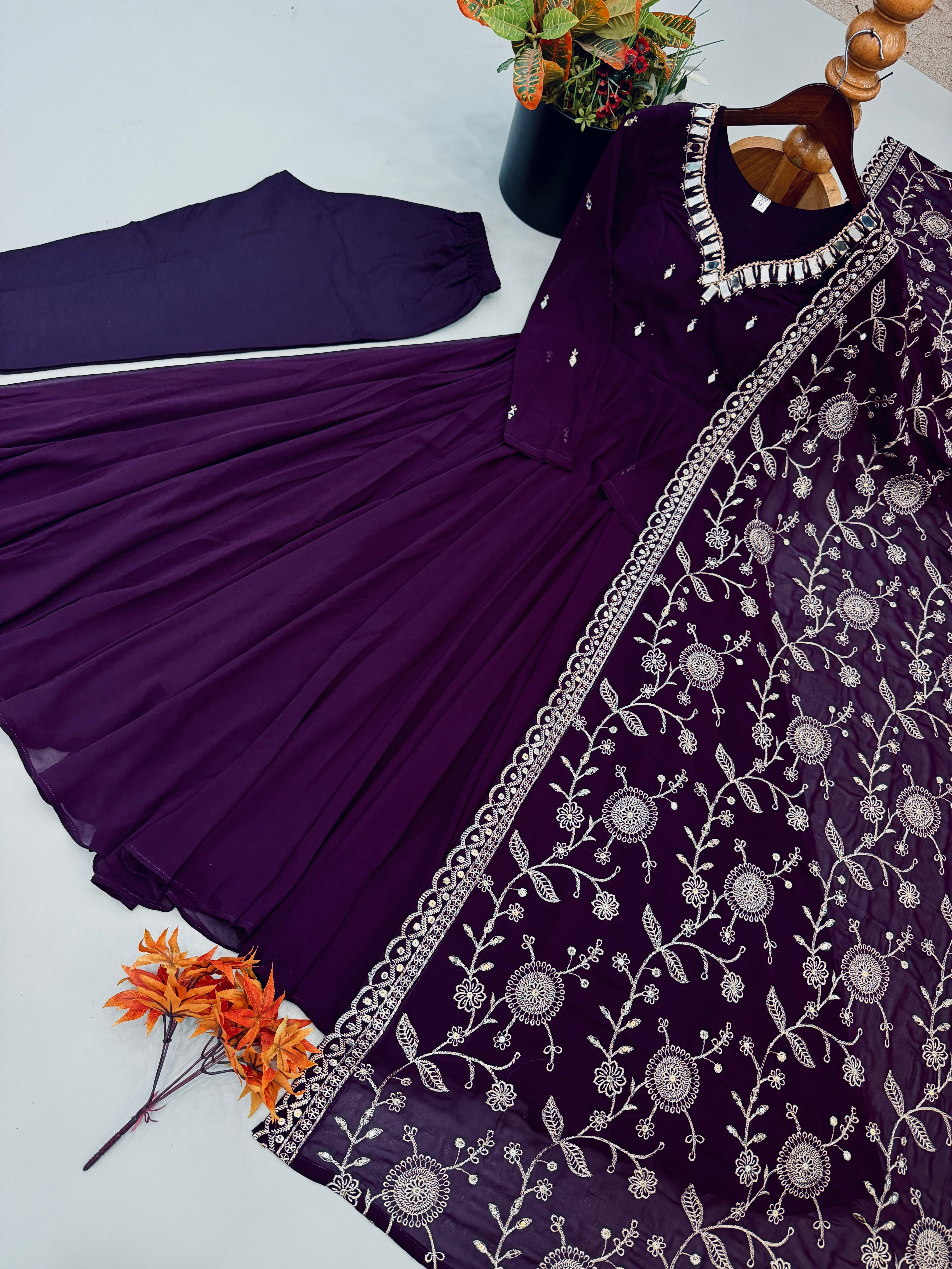 Royal Plum Faux Georgette Anarkali Suit Set with Khatli Mirror Work & Embroidered Dupatta