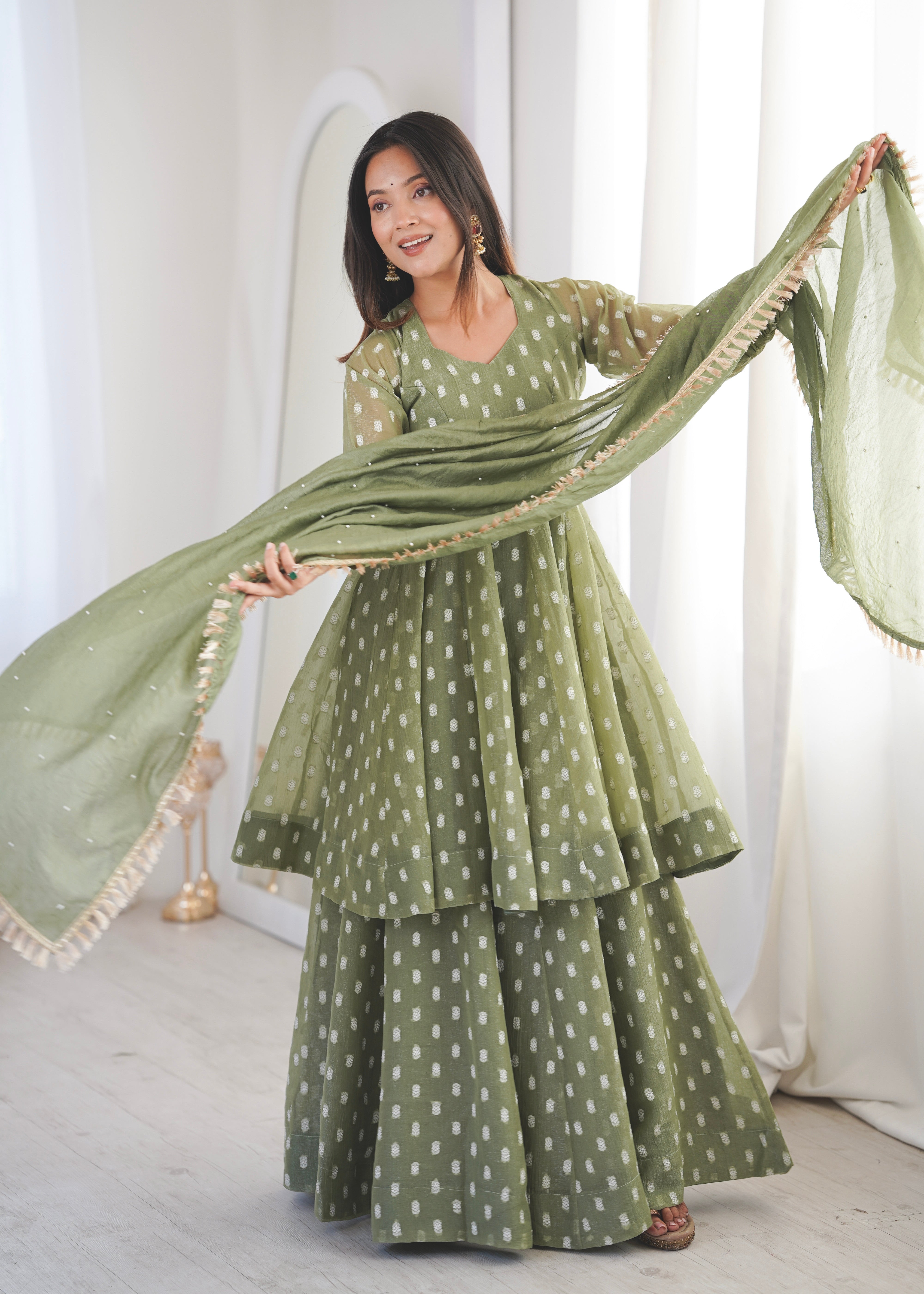 Sage Green Crunchy Silk Jacquard Sharara Suit Set with Dupatta