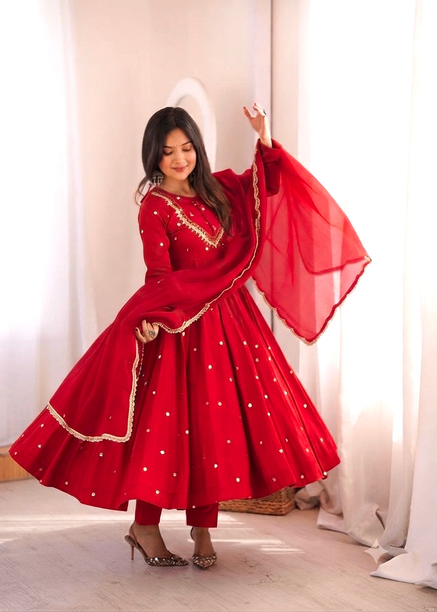 Red Embroidered Anarkali Gown Set with Real Mirror Work & Dupatta