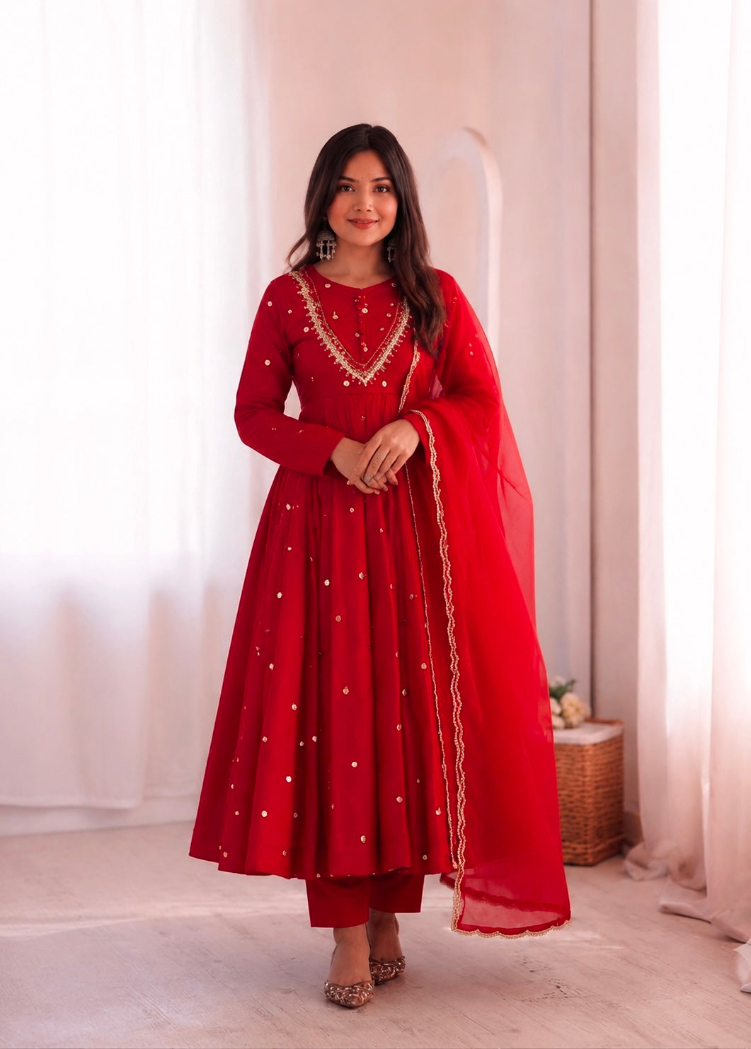 Red Embroidered Anarkali Gown Set with Real Mirror Work & Dupatta