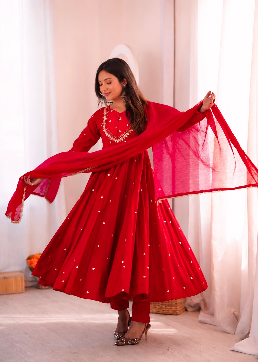 Red Embroidered Anarkali Gown Set with Real Mirror Work & Dupatta