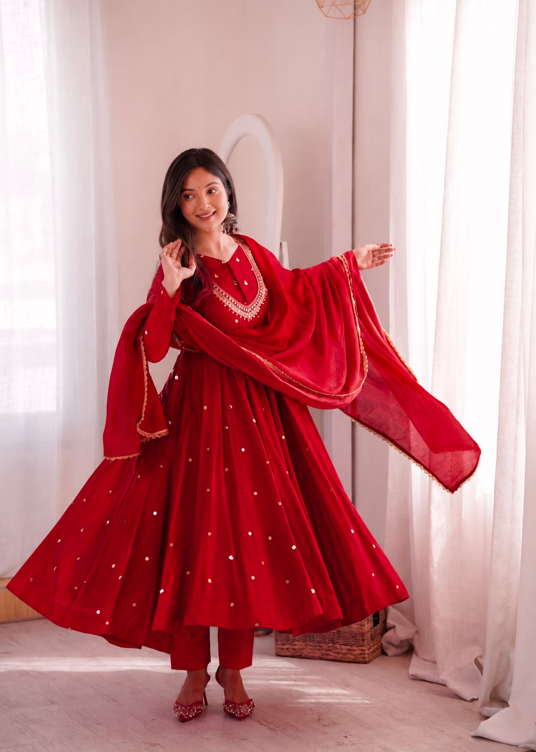 Red Embroidered Anarkali Gown Set with Real Mirror Work & Dupatta