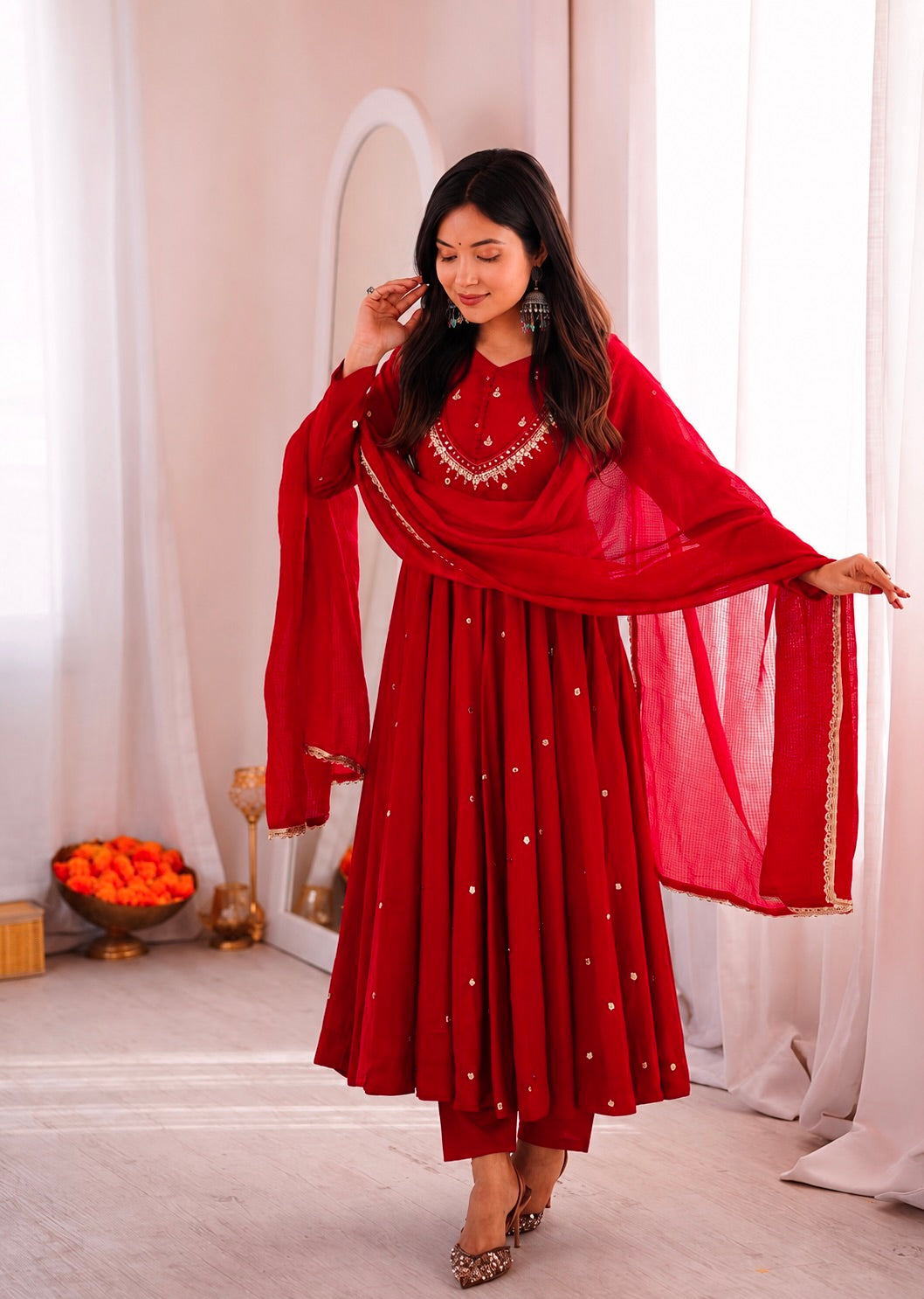 Red Embroidered Anarkali Gown Set with Real Mirror Work & Dupatta