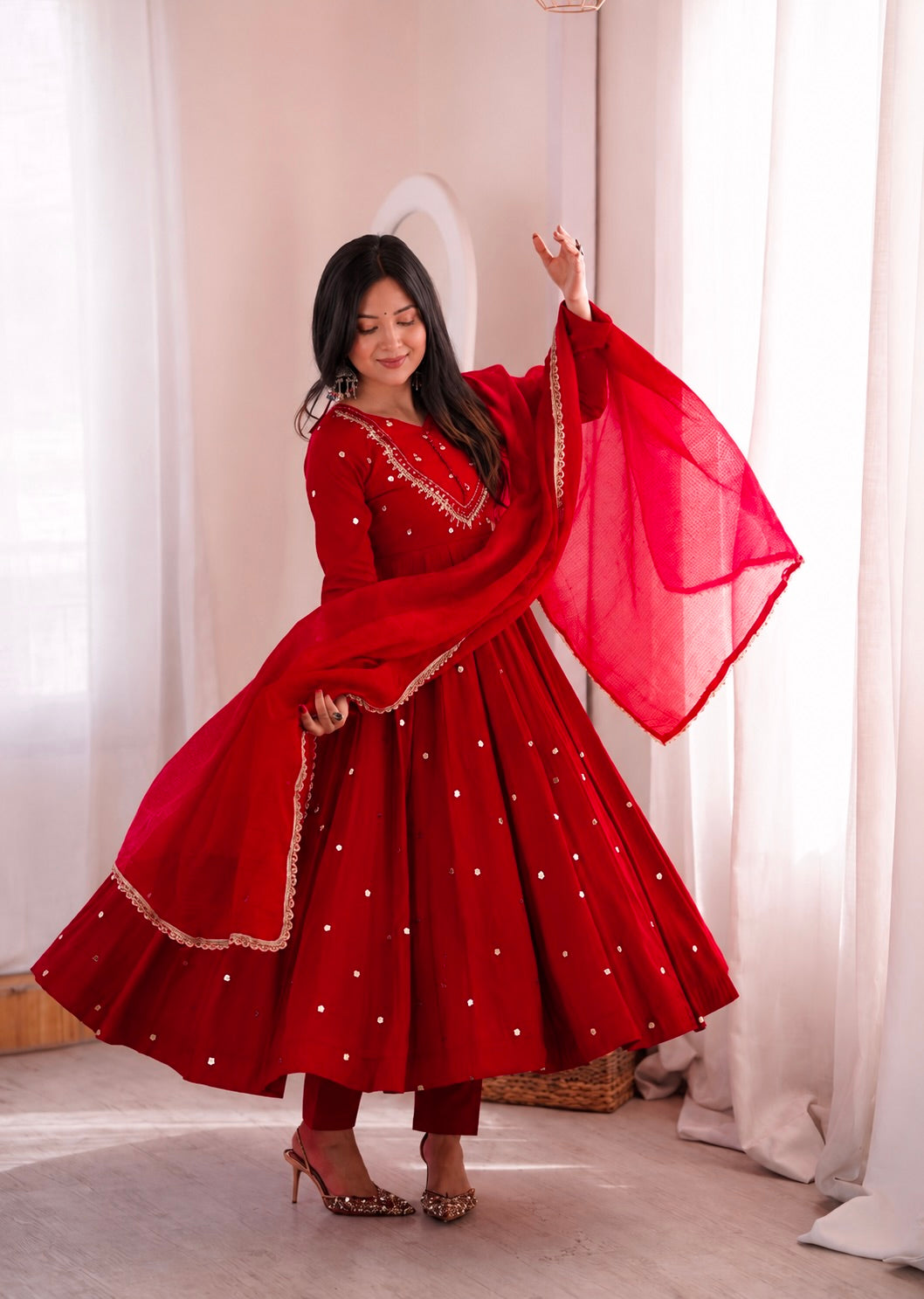 Red Embroidered Anarkali Gown Set with Real Mirror Work & Dupatta