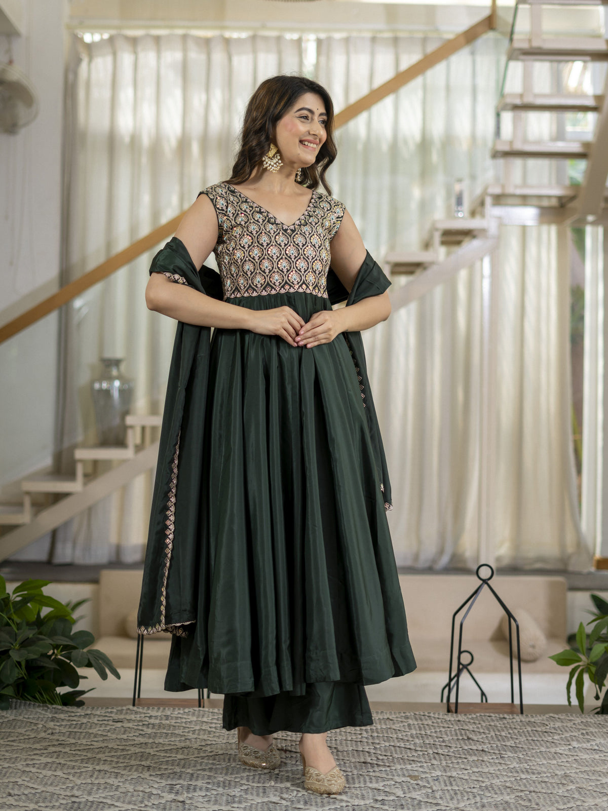Bottle Green Embroidered Anarkali Gown Set with Dupatta