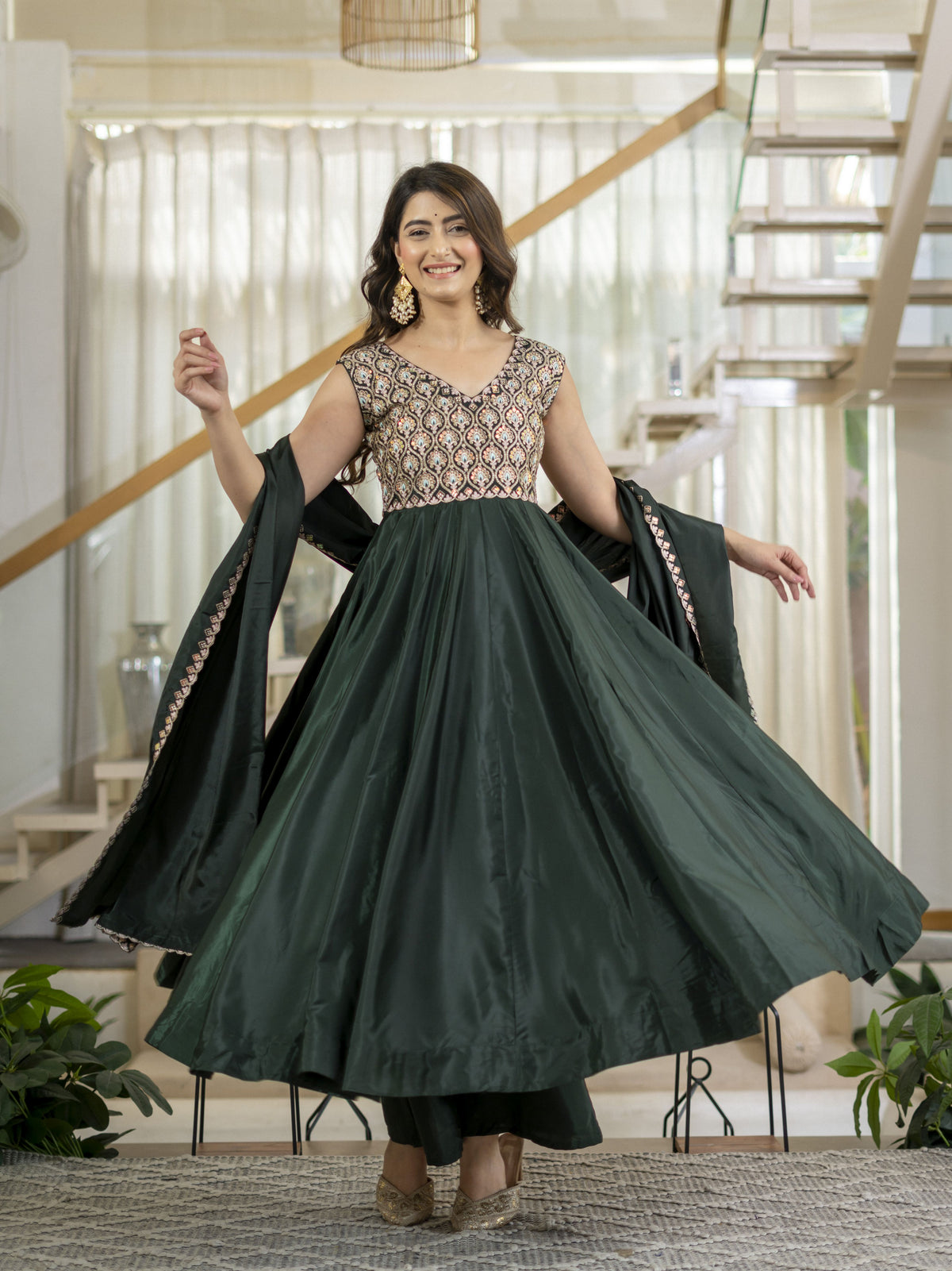 Bottle Green Embroidered Anarkali Gown Set with Dupatta