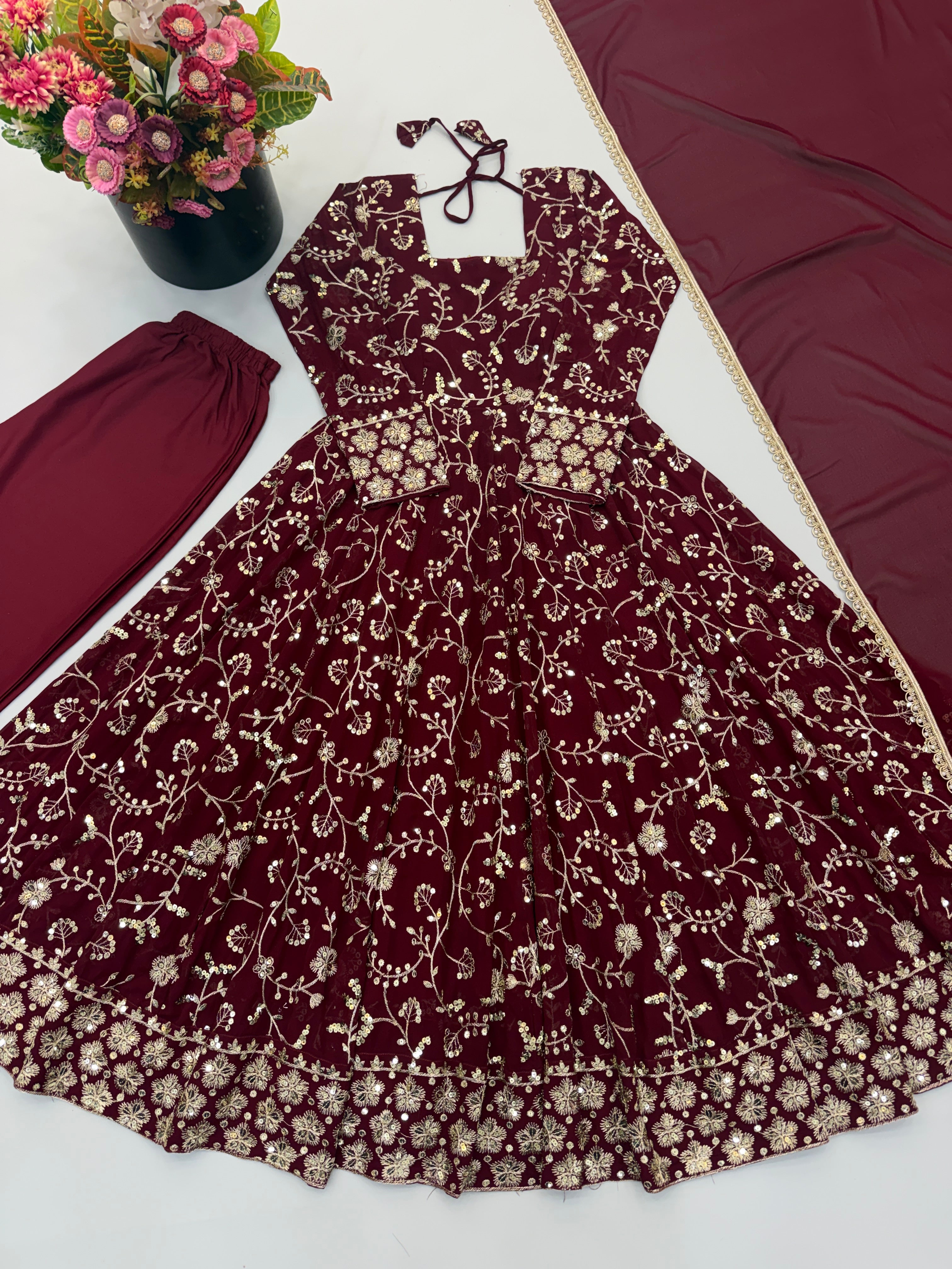 Maroon Heavy Embroidered Faux Georgette Anarkali Suit Set with Dupatta