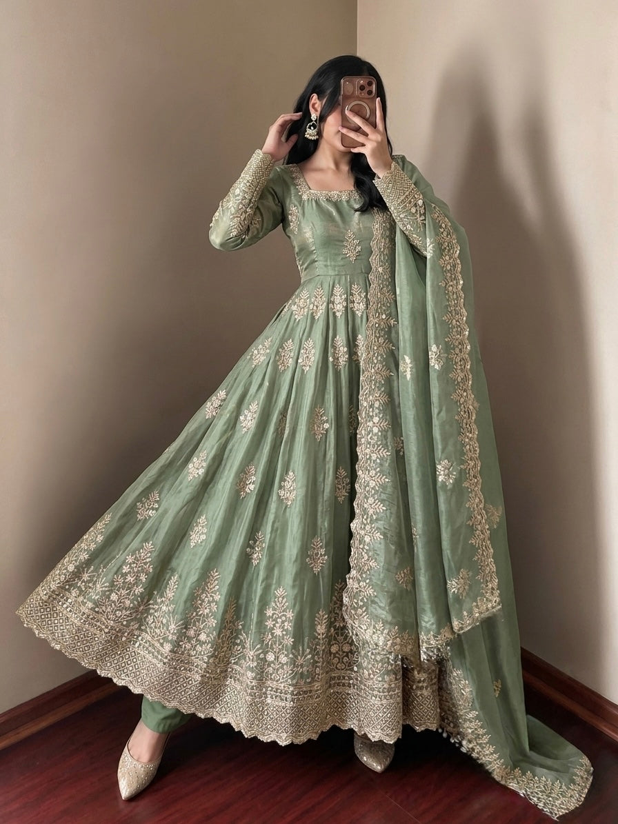 Sage Green Fendy Silk Gown Pant Set with Sequin Embroidery Dupatta