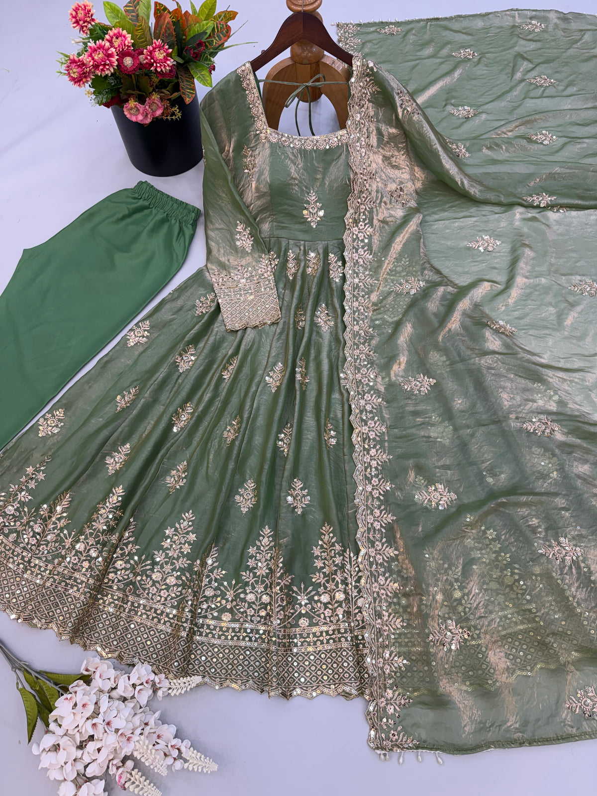 Sage Green Fendy Silk Gown Pant Set with Sequin Embroidery Dupatta