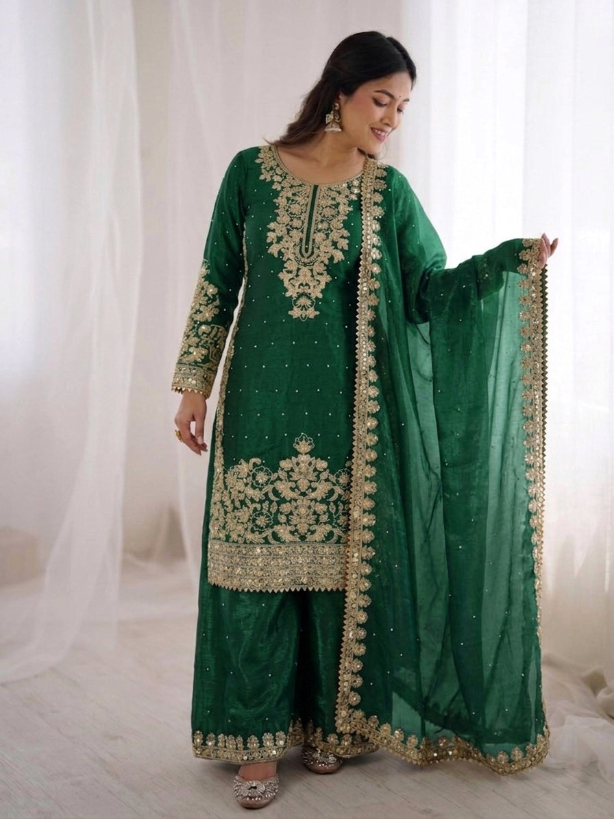 Green Color GMY Silk Embroidered Top Bottom Dupatta Set for Women | Nardev Fashion