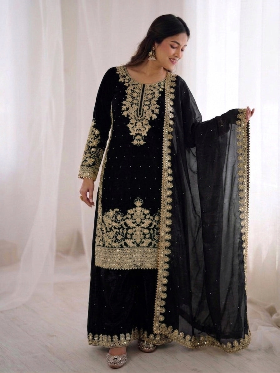 Black Color GMY Silk Embroidered Top Bottom Dupatta Set for Women | Nardev Fashion