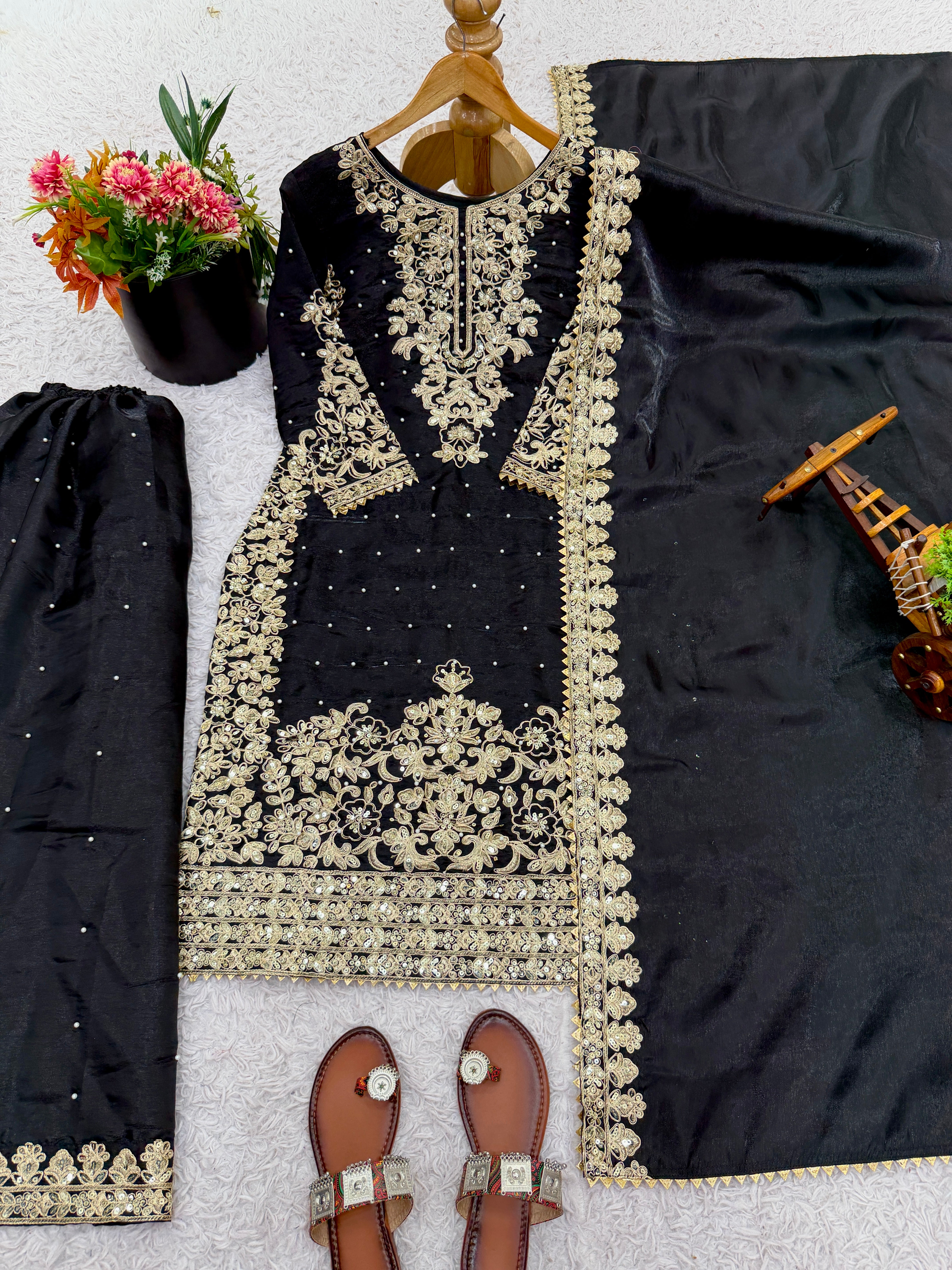 Black Color GMY Silk Embroidered Top Bottom Dupatta Set for Women | Nardev Fashion