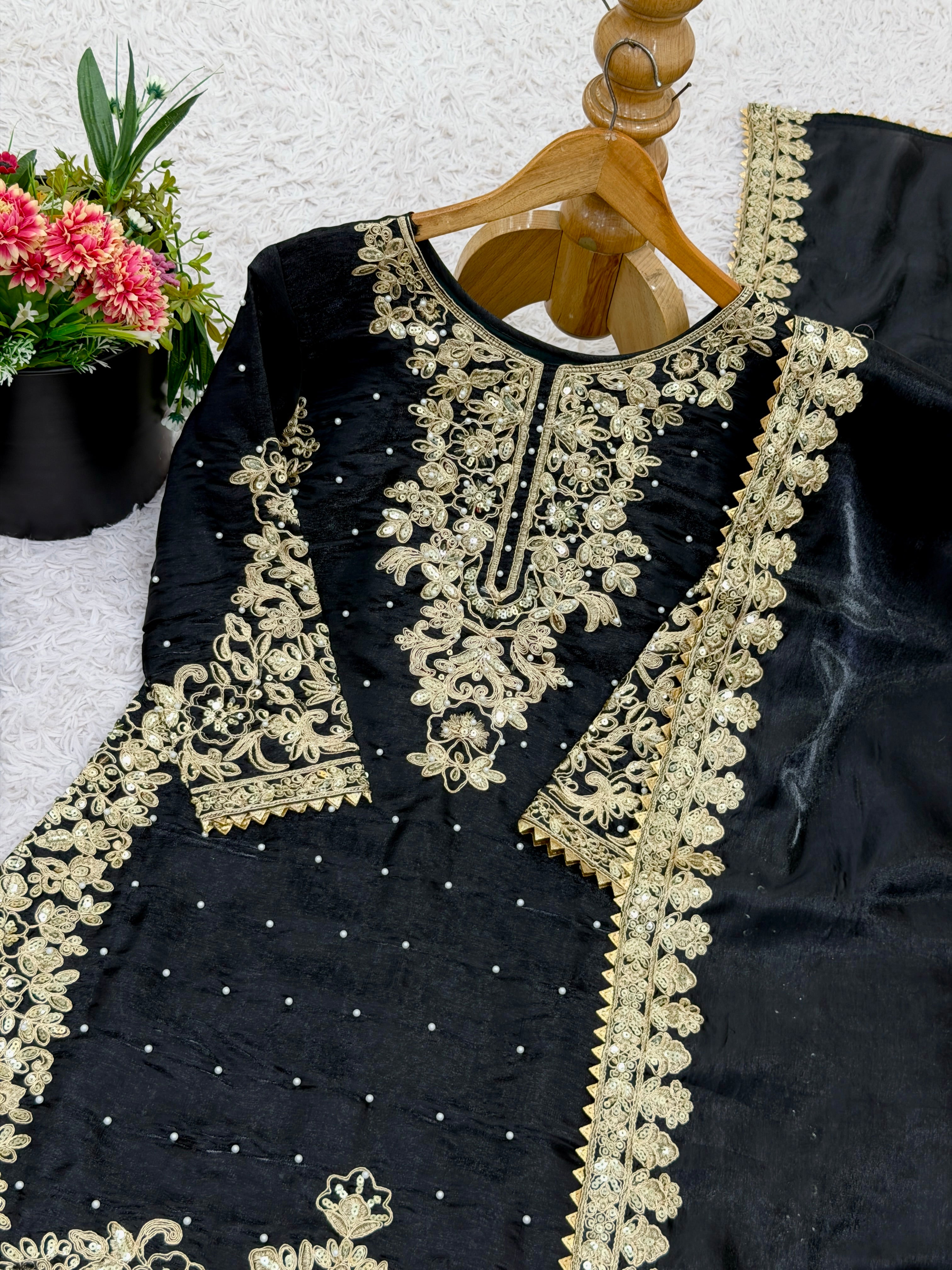 Black Color GMY Silk Embroidered Top Bottom Dupatta Set for Women | Nardev Fashion