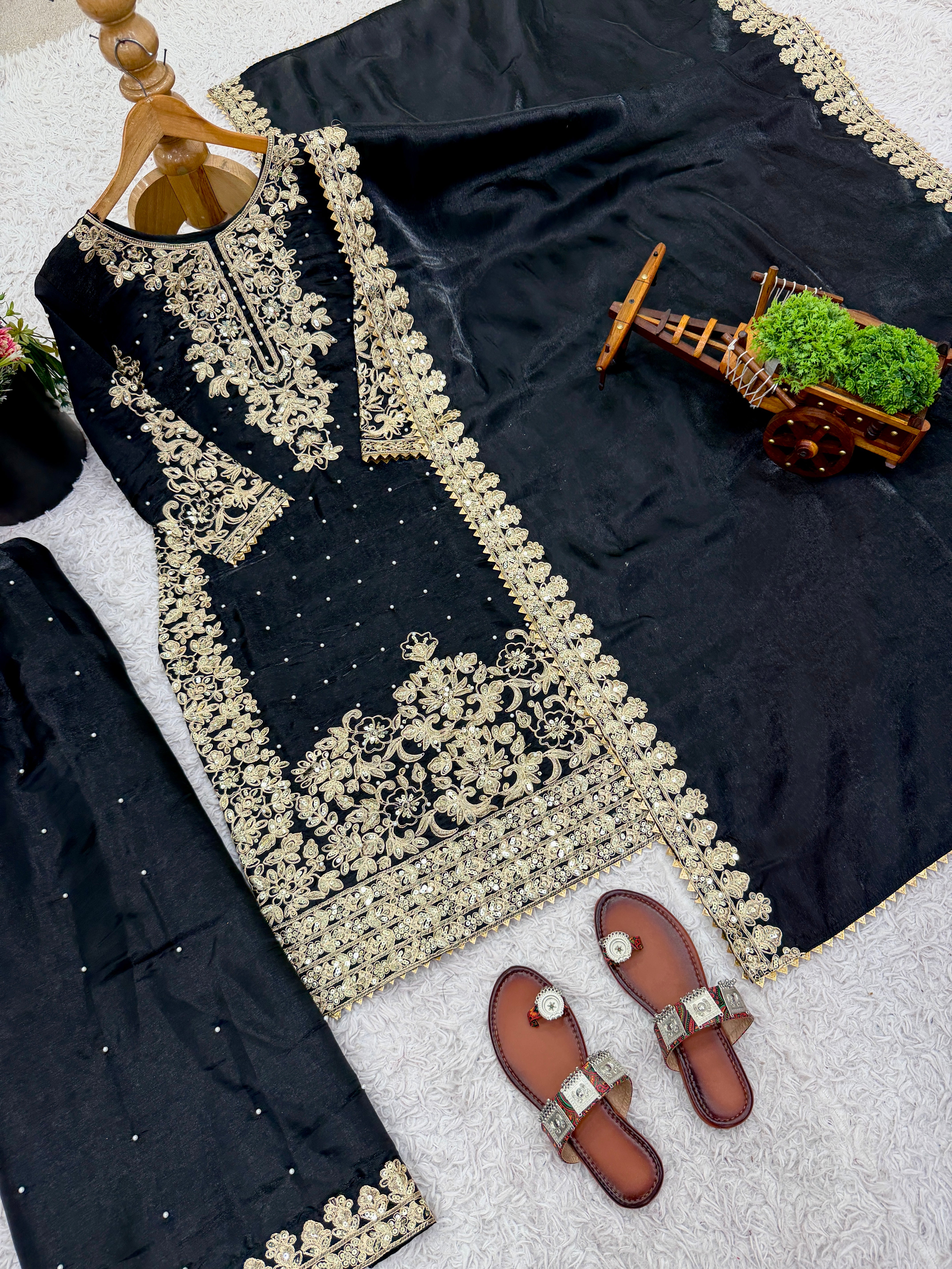 Black Color GMY Silk Embroidered Top Bottom Dupatta Set for Women | Nardev Fashion