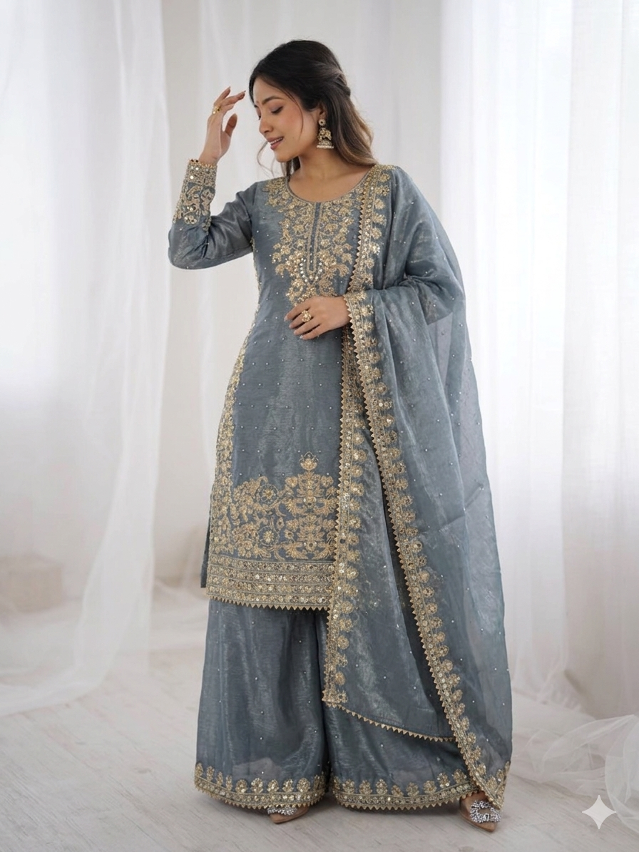 Grey Color GMY Silk Embroidered Top Bottom Dupatta Set for Women | Nardev Fashion