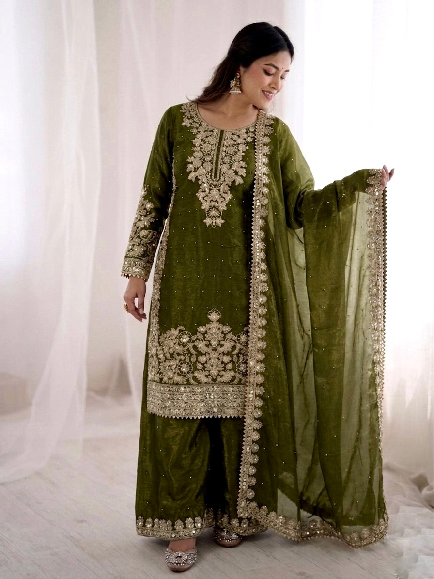 Mehendi Color GMY Silk Embroidered Top Bottom Dupatta Set for Women | Nardev Fashion