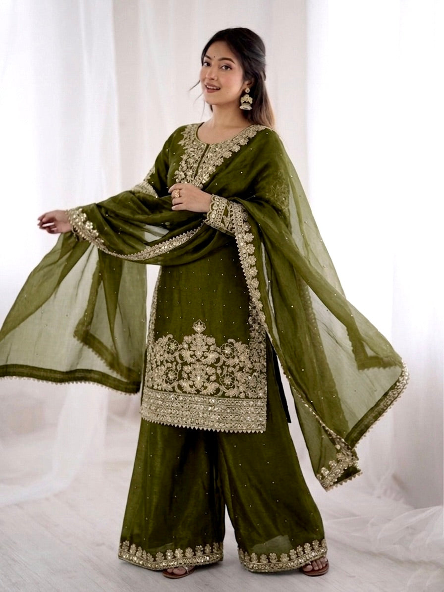 Mehendi Color GMY Silk Embroidered Top Bottom Dupatta Set for Women | Nardev Fashion