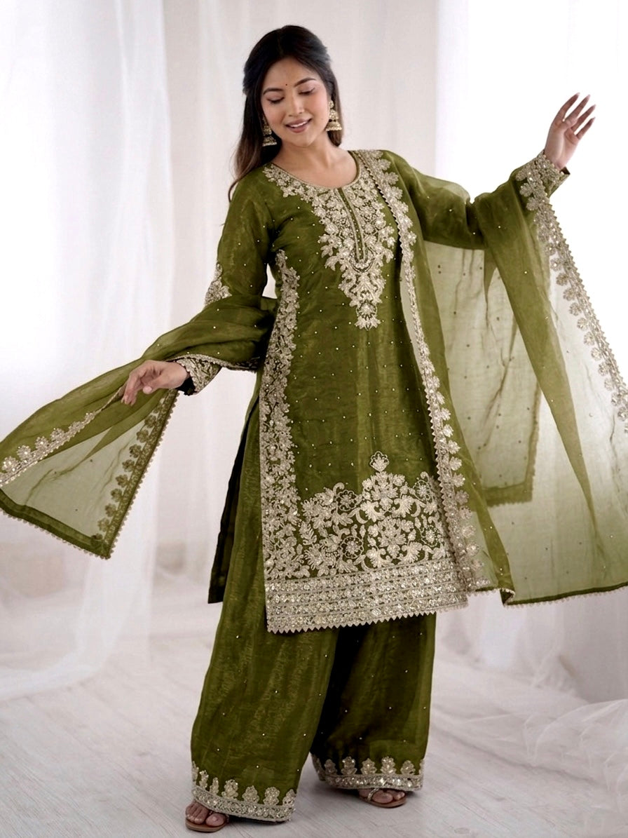 Mehendi Color GMY Silk Embroidered Top Bottom Dupatta Set for Women | Nardev Fashion