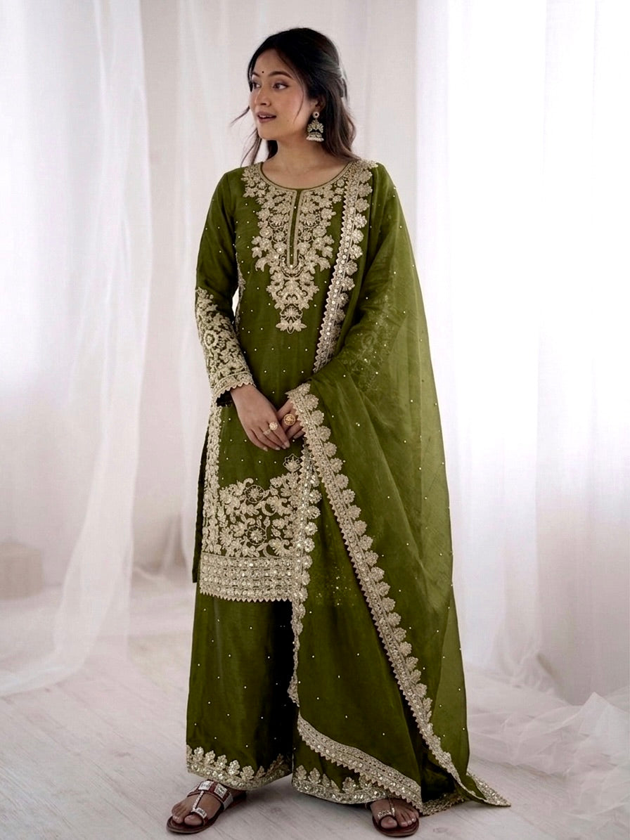Mehendi Color GMY Silk Embroidered Top Bottom Dupatta Set for Women | Nardev Fashion