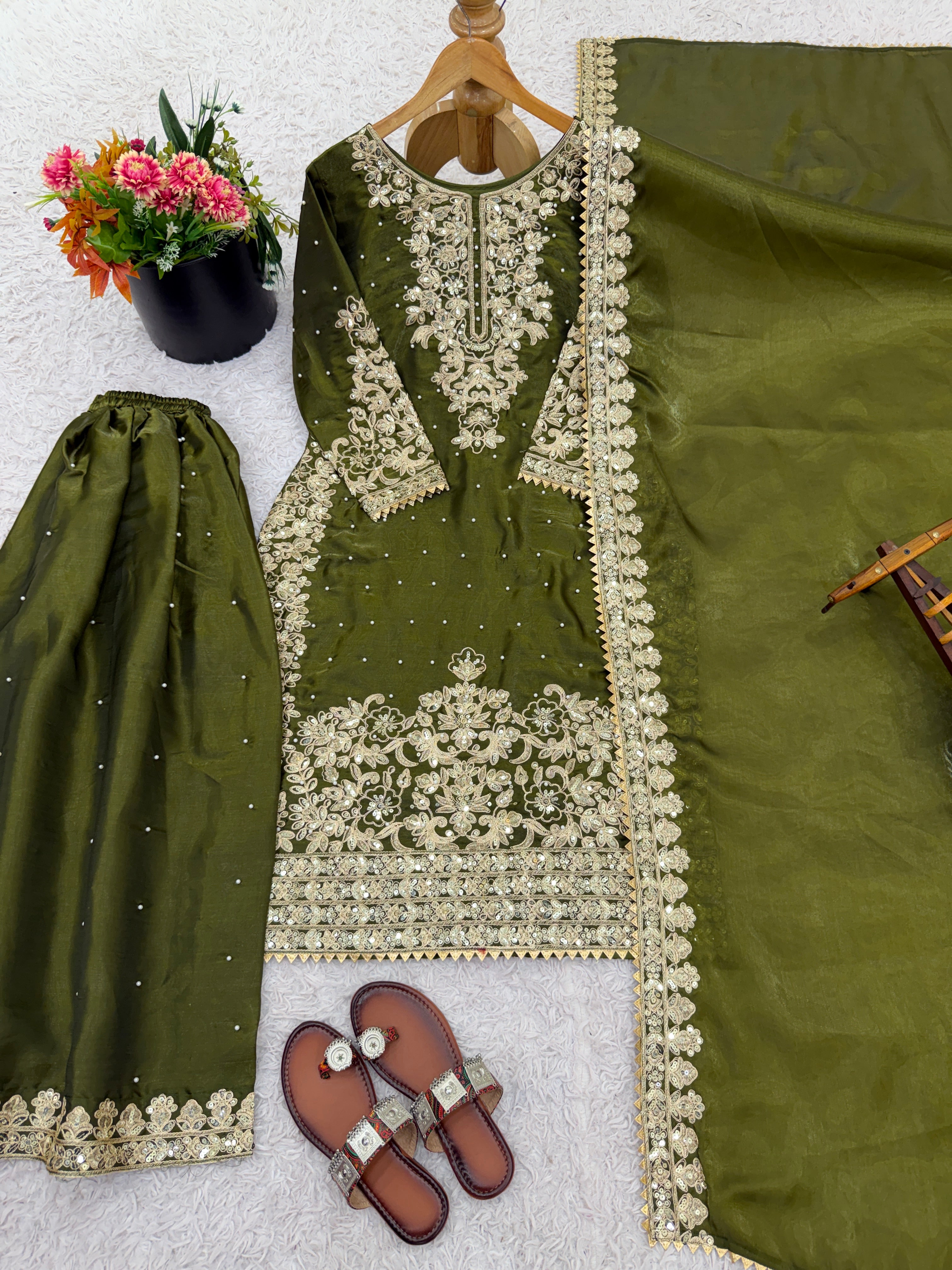 Mehendi Color GMY Silk Embroidered Top Bottom Dupatta Set for Women | Nardev Fashion