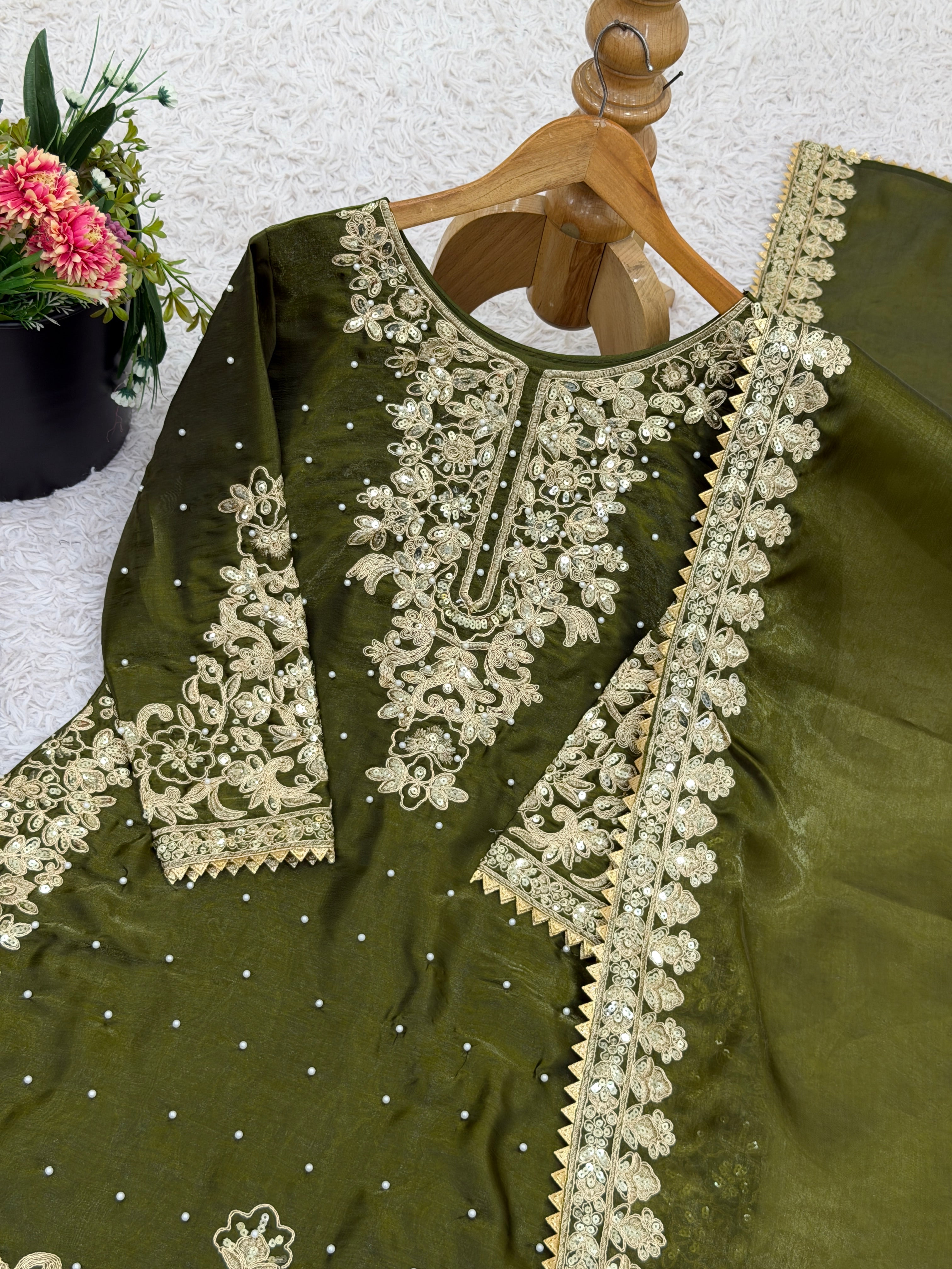 Mehendi Color GMY Silk Embroidered Top Bottom Dupatta Set for Women | Nardev Fashion