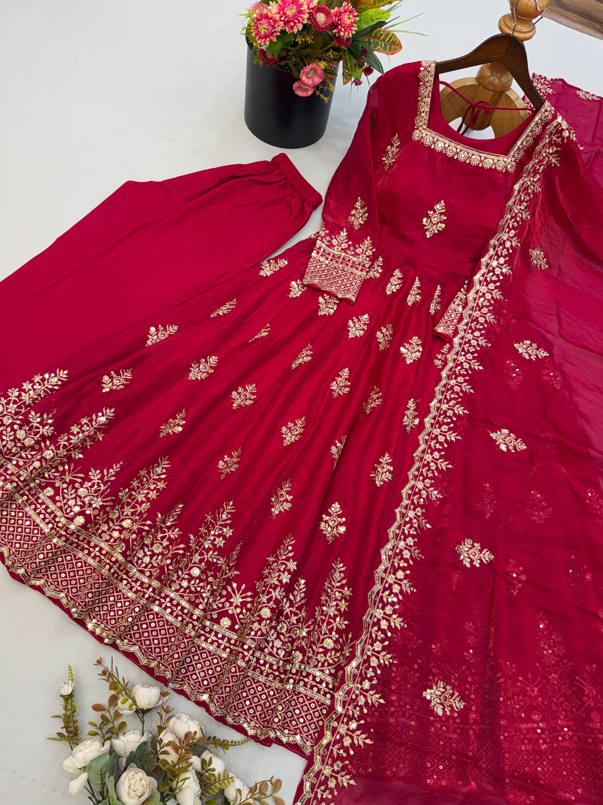 Ruby Red Fendy Silk Embroidered Anarkali Gown Set with Dupatta