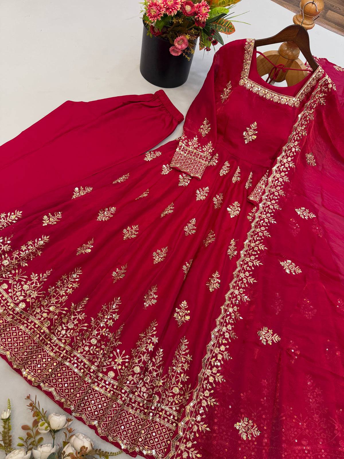 Ruby Red Fendy Silk Embroidered Anarkali Gown Set with Dupatta