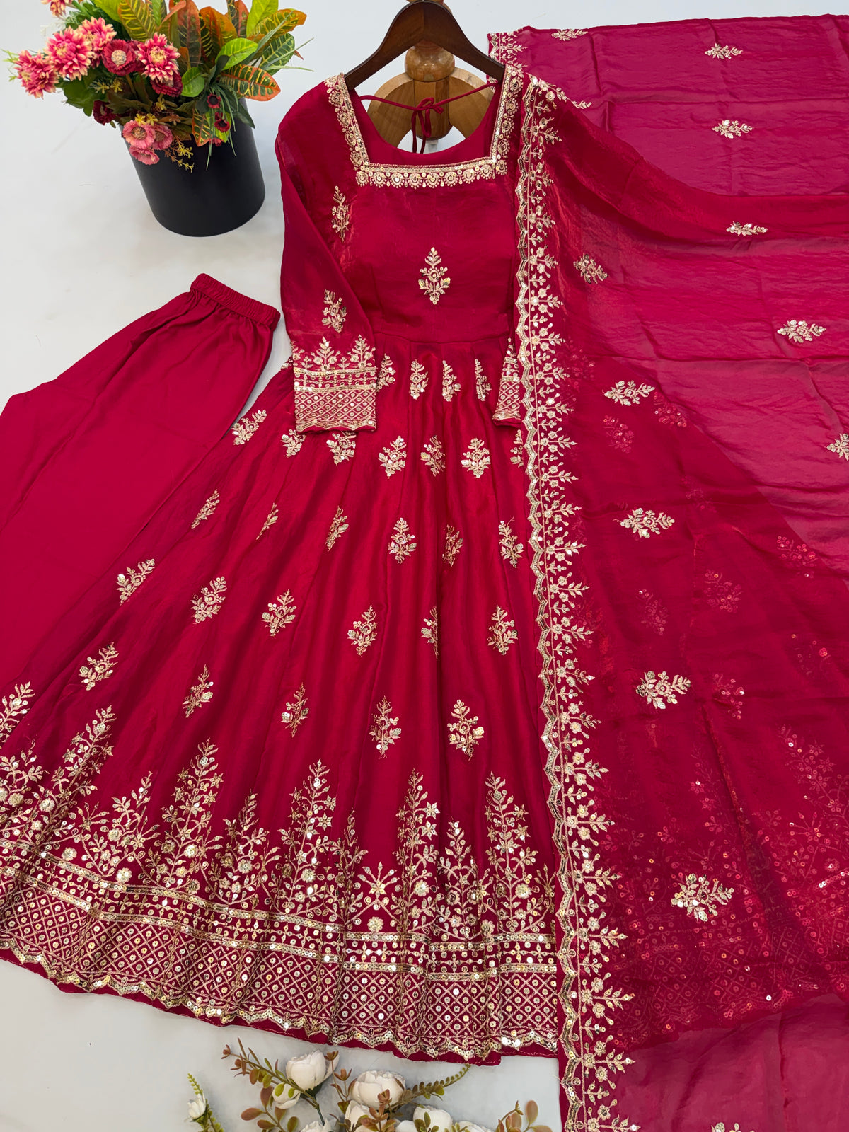 Ruby Red Fendy Silk Embroidered Anarkali Gown Set with Dupatta