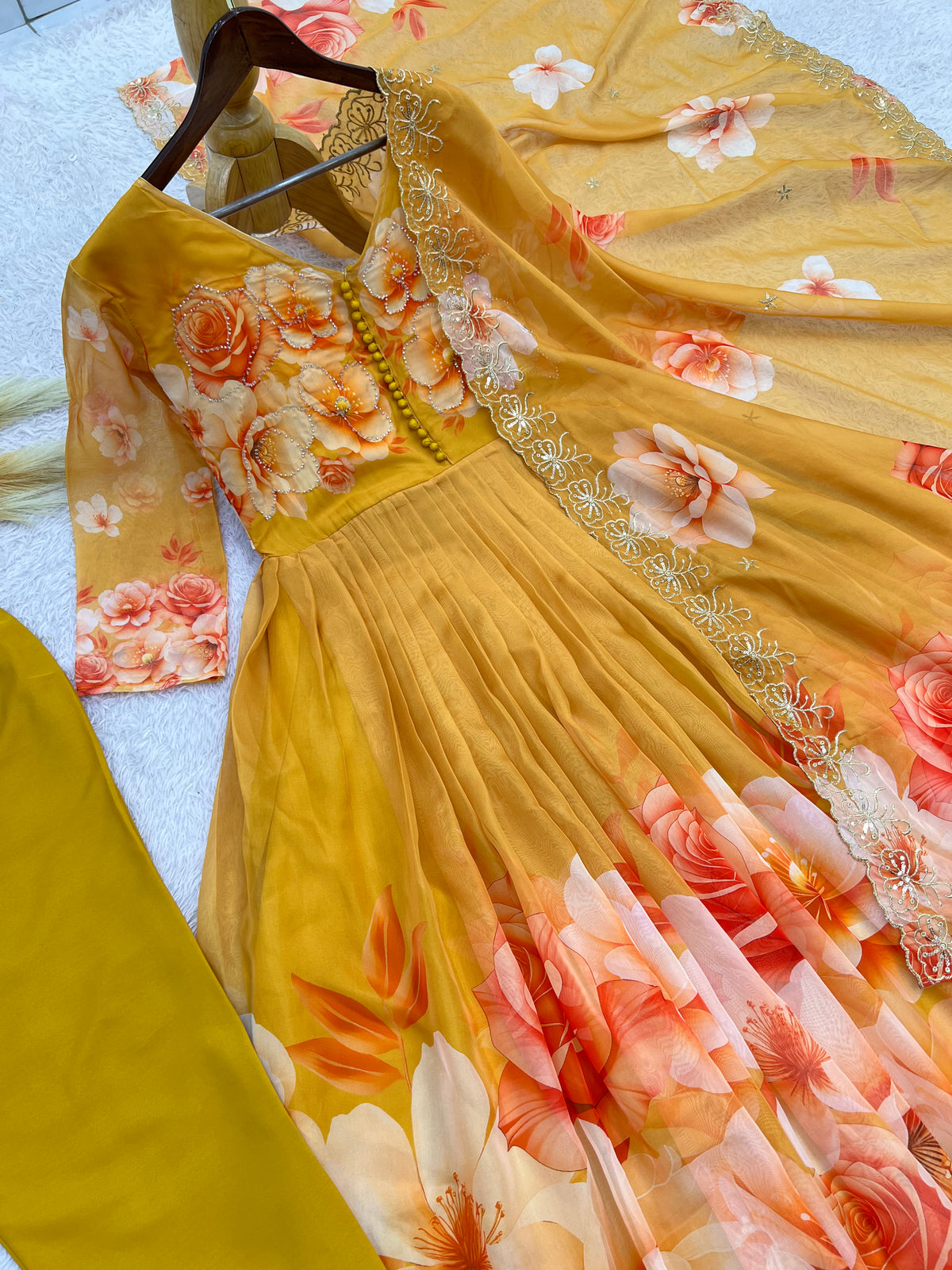 Mustard Yellow Floral Organza Anarkali Gown Set with Embroidered Dupatta