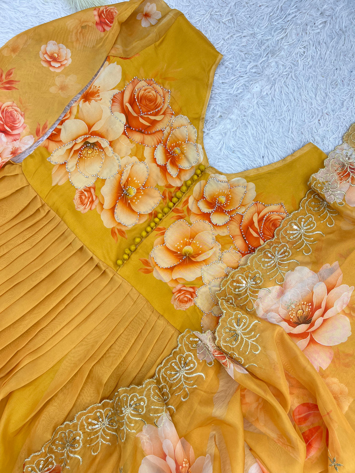 Mustard Yellow Floral Organza Anarkali Gown Set with Embroidered Dupatta