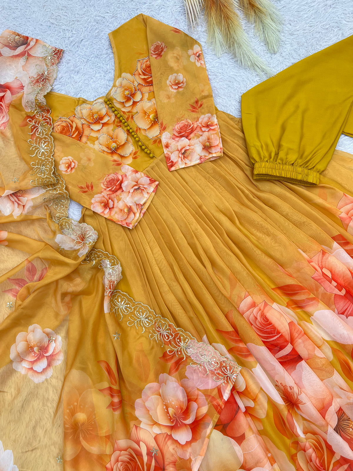 Mustard Yellow Floral Organza Anarkali Gown Set with Embroidered Dupatta