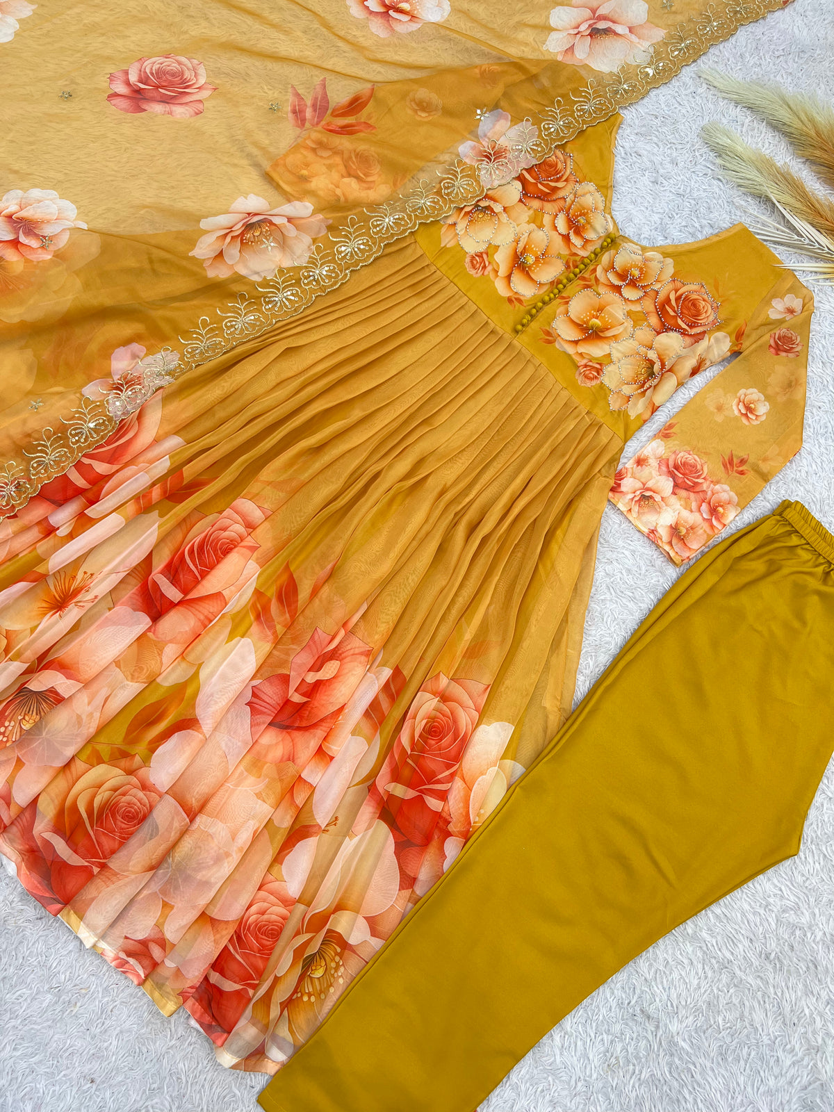 Mustard Yellow Floral Organza Anarkali Gown Set with Embroidered Dupatta
