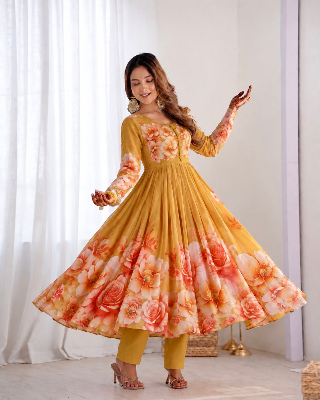 Mustard Yellow Floral Organza Anarkali Gown Set with Embroidered Dupatta
