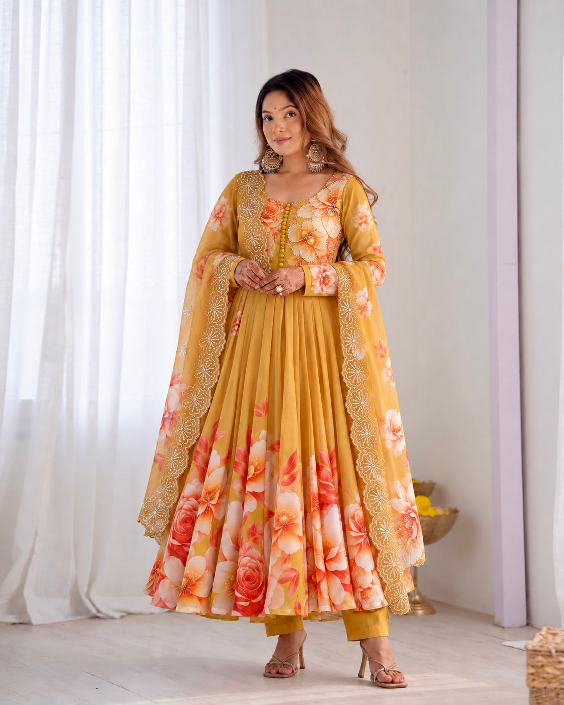 Mustard Yellow Floral Organza Anarkali Gown Set with Embroidered Dupatta