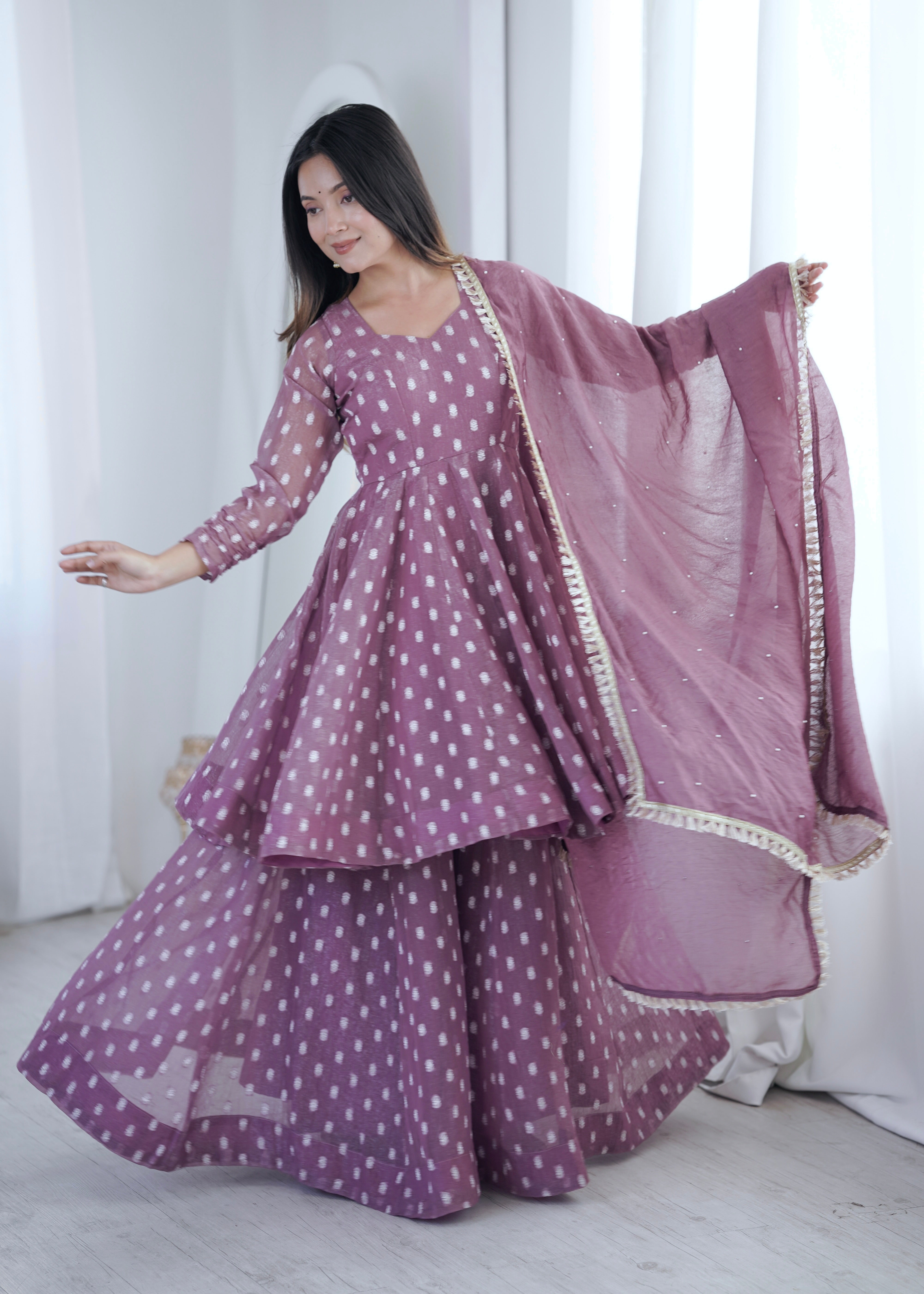 Pink Jacquard Butti Sharara Suit Set with Lace Border Dupatta