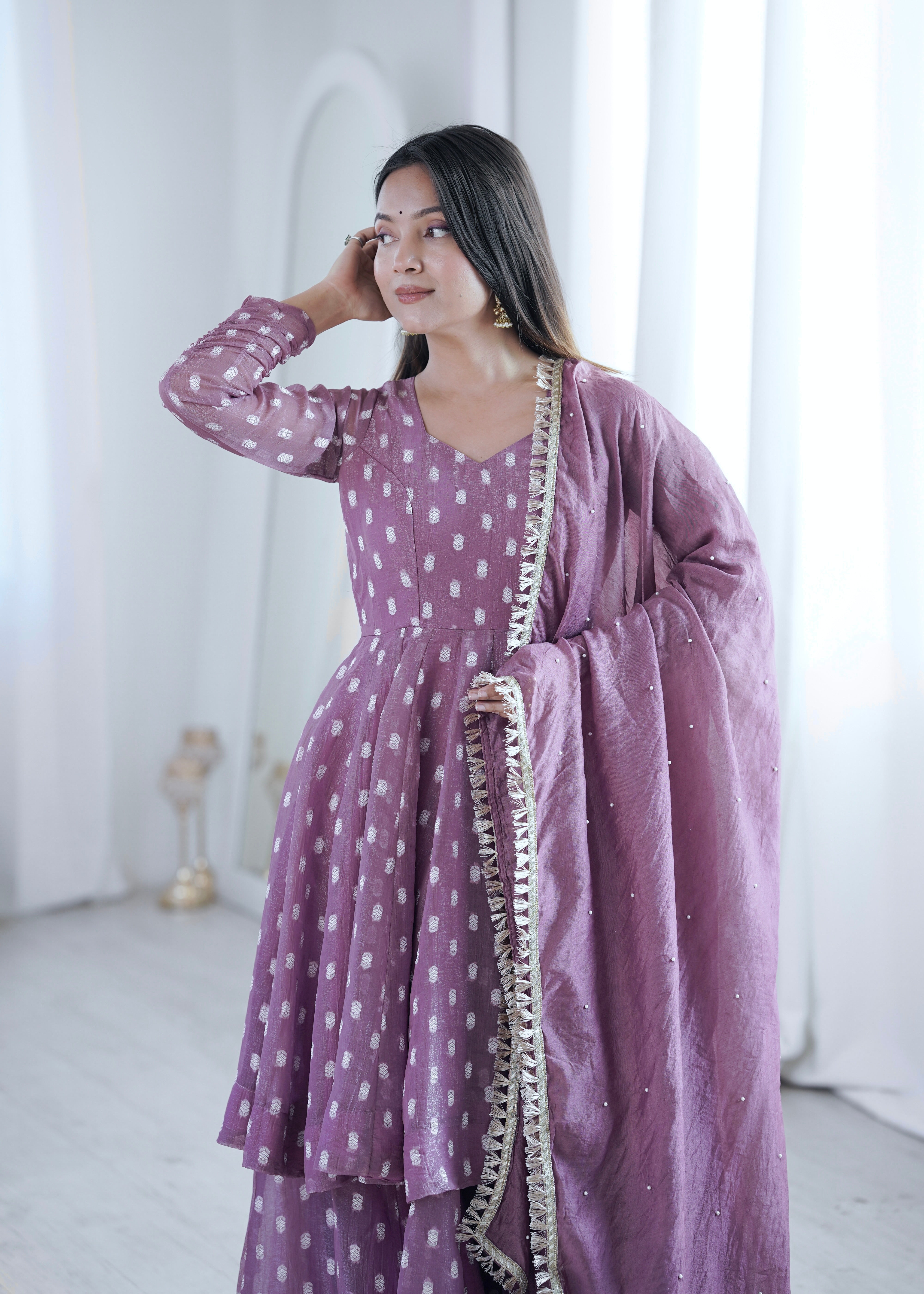 Pink Jacquard Butti Sharara Suit Set with Lace Border Dupatta