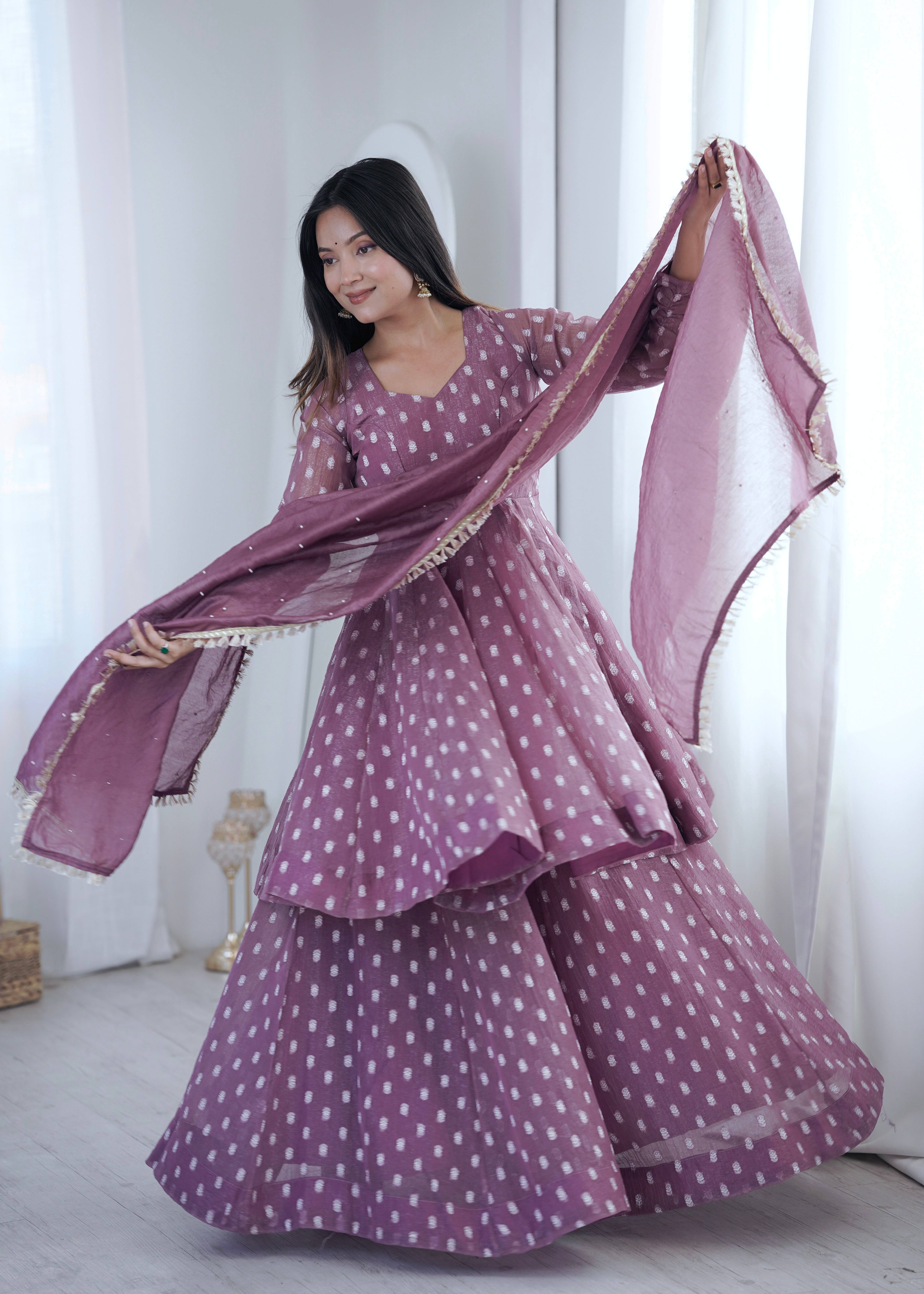 Pink Jacquard Butti Sharara Suit Set with Lace Border Dupatta