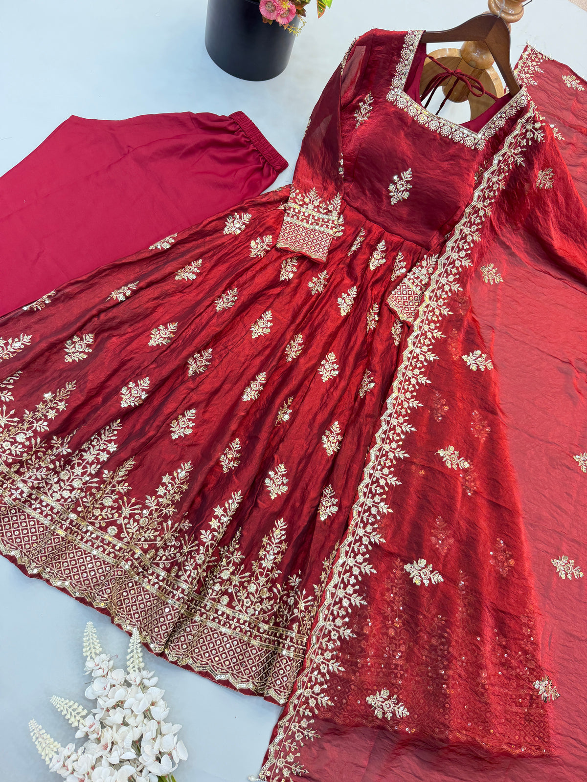 Wine Maroon Fendy Silk Embroidered Anarkali Gown Set with Dupatta